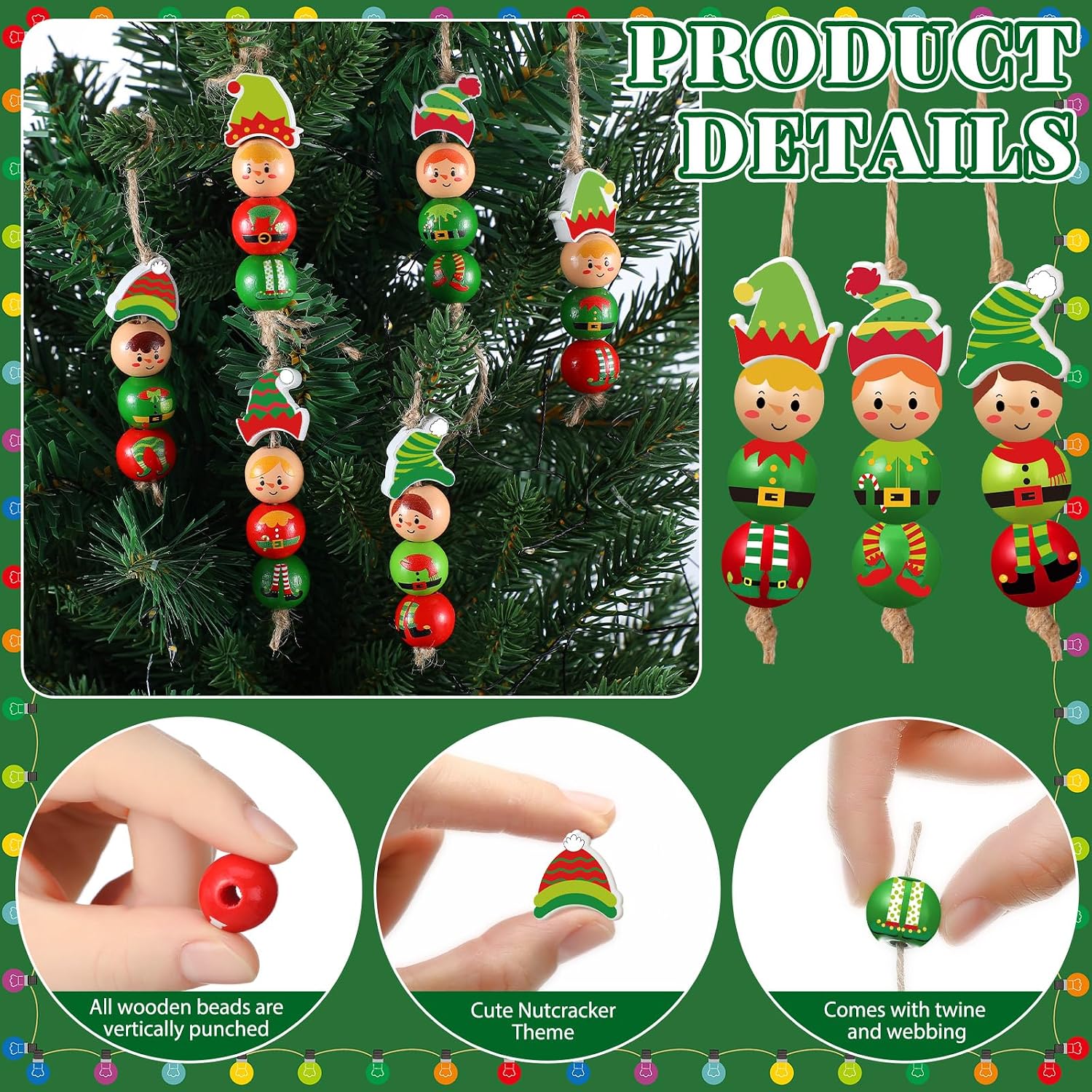Twine Snowman Gingerbread Man Nutcracker Wooden Bead Garland / Elf / Set of 240