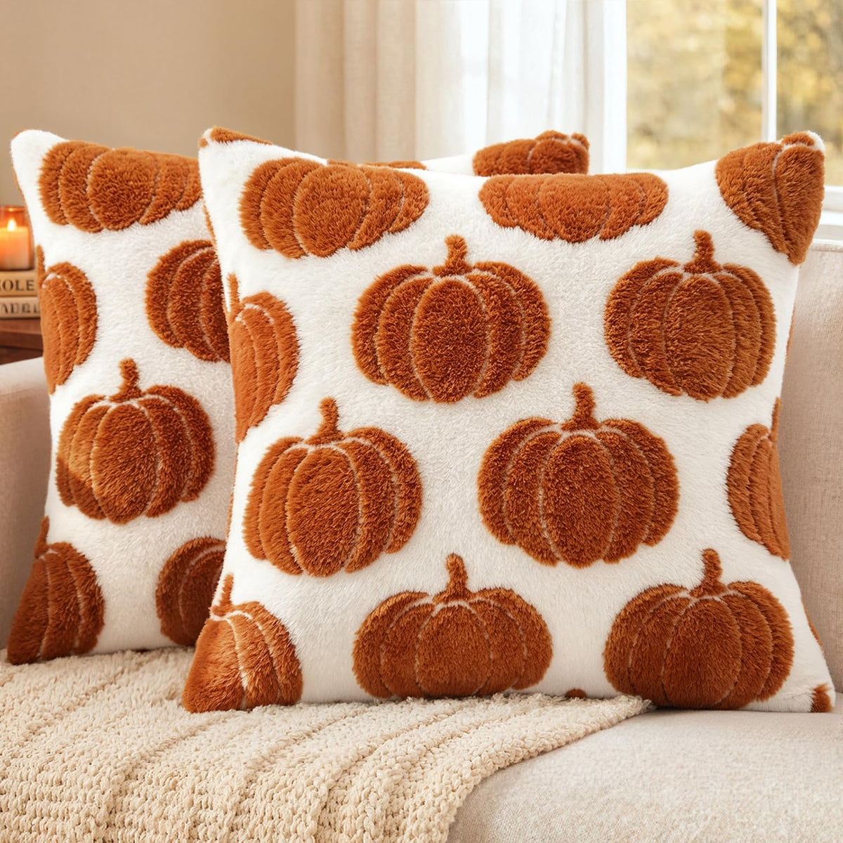 Artscope Fall Pumpkin Throw Pillow Covers 20x20 Set of 2, Autumn Soft Plush Faux Fur Decoration Cushion Covers for Thanksgiving Holiday Couch Sofa Bedroom Home Decor-Beige