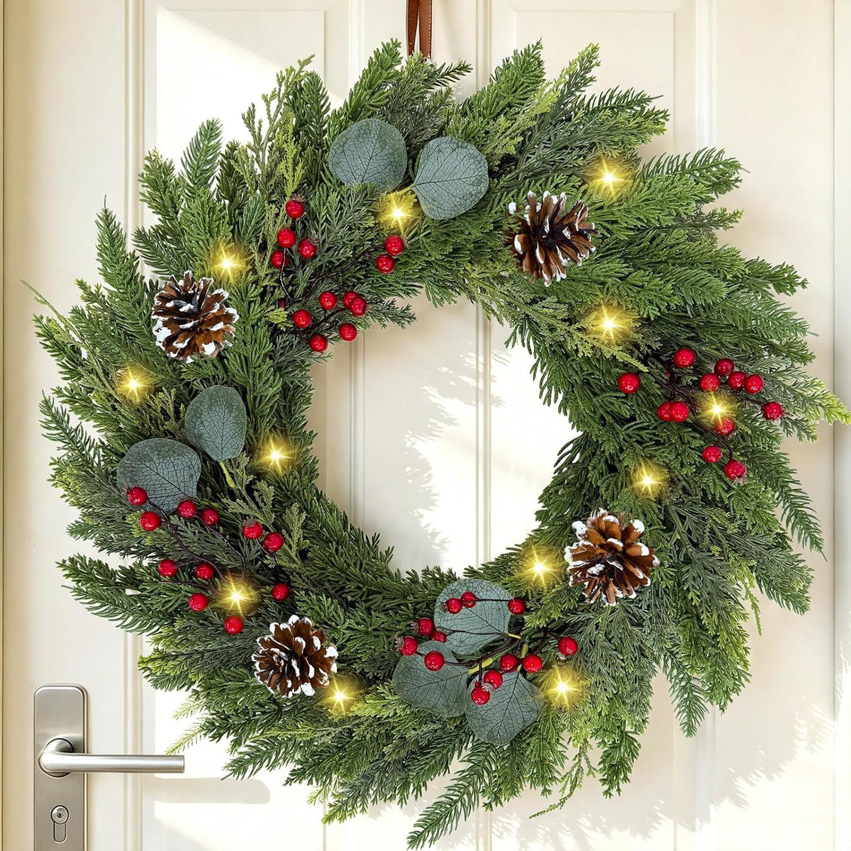 Small Table Top Christmas Tree with Lights, Mini Christmas Tree Decorations with Merry Christmas Candy Canes Pine Cones Berries Balls Ornaments for Home Party Centerpiece Decor, 12Inch, Green
