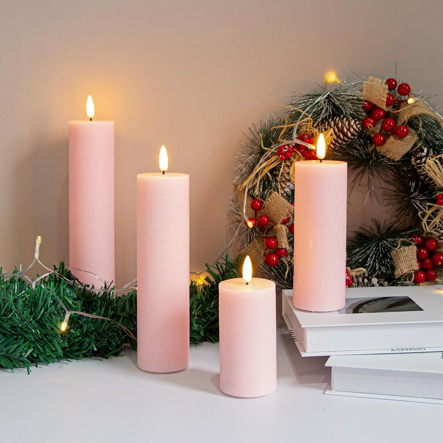 Flickering Flameless Pillar Candles with Remote Control and Cycle Timer,Pink Pack of 4 Battery Operated(Powered by 2AA)