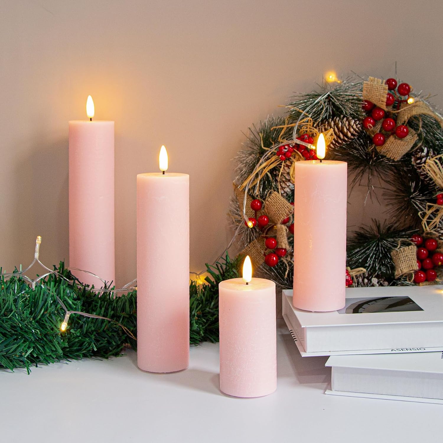 Flickering Flameless Pillar Candles with Remote Control and Cycle Timer,Pink Pack of 4 Battery Operated(Powered by 2AA)
