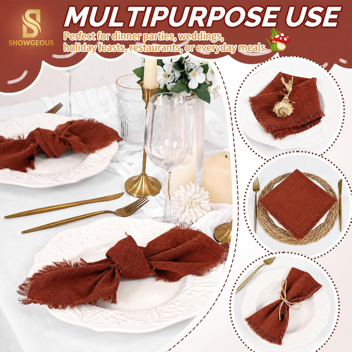 Showgeous 30 Pack Terracotta Cloth Napkins with Fringe, 16x16 inch | 100% Cotton Terracotta Napkins Handmade Dinner