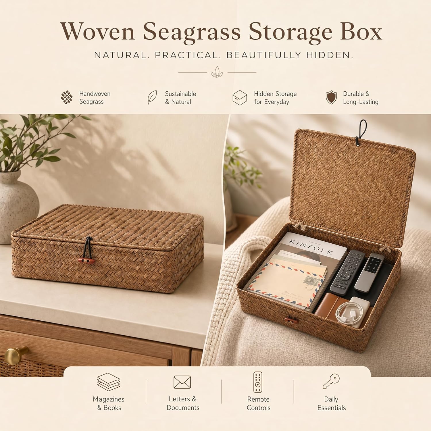 Seagrass Baskets / Wicker Basket Boxes / Coffee / Natural / Set of 2