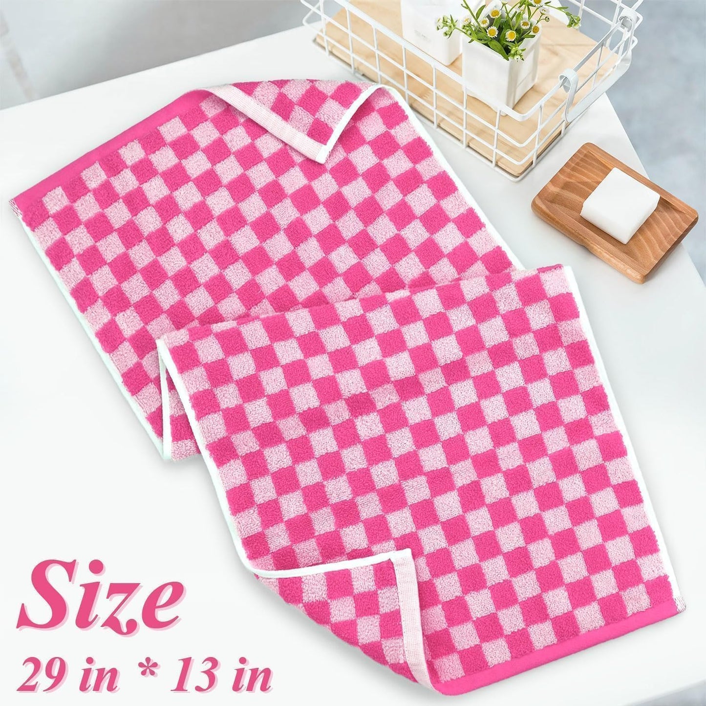Jacquotha Pink Hand Towels 4 Pack, Cotton Decorative Bathroom Hand Towel | Checkered Kitchen Decor, 13" x 29"