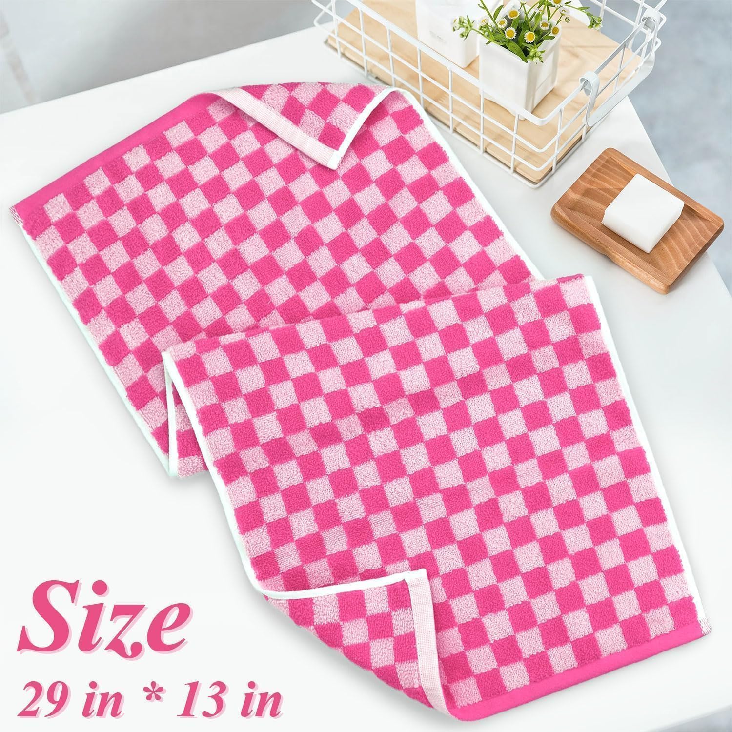 Jacquotha Pink Hand Towels 4 Pack, Cotton Decorative Bathroom Hand Towel | Checkered Kitchen Decor, 13" x 29"