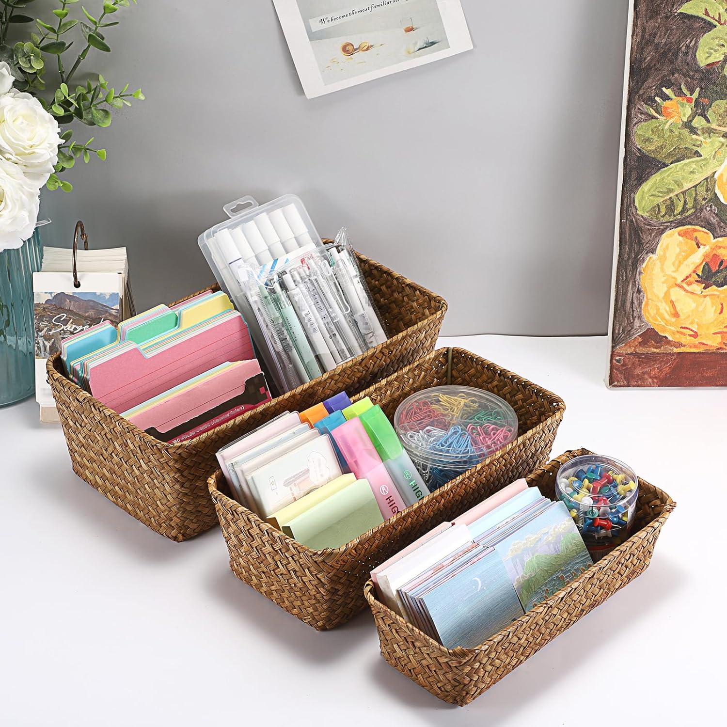 3 Wicker Basket Set Rectangular Handwoven Seagrass Basket Storage / Caramel / Natural / Set of 3