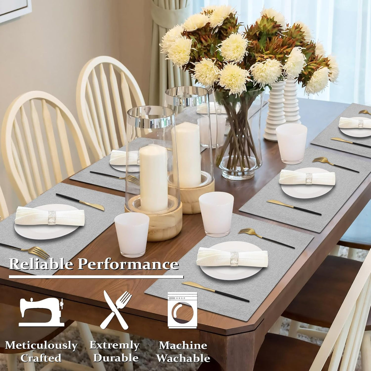 Cloth Placemats Set of 6, Cotton Linen Blend Place Mats, Light Gray | Machine Washable, Double Layered, Heat Resistant