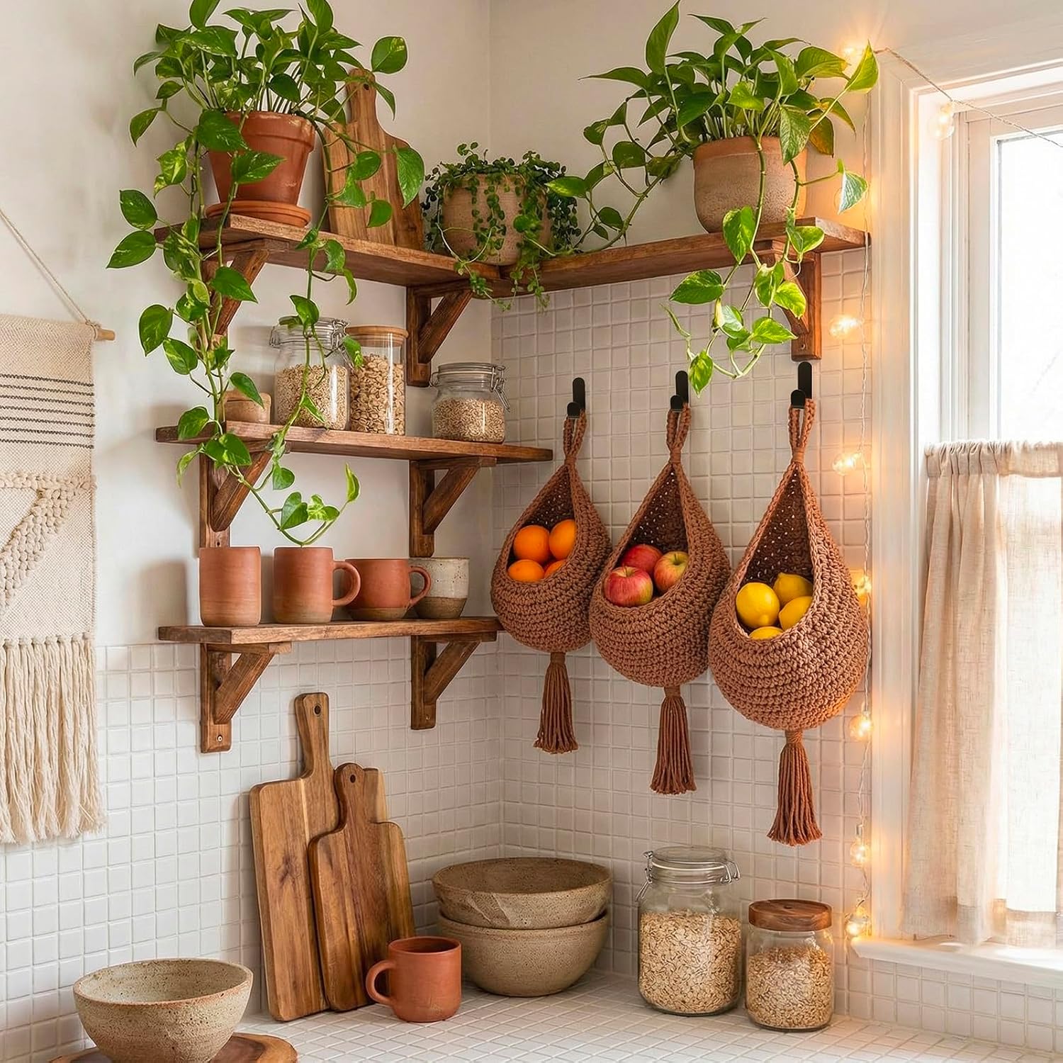 Boho Decor Hanging Wall Baskets / White / Cotton Rope / Tassel Style / Set of 3