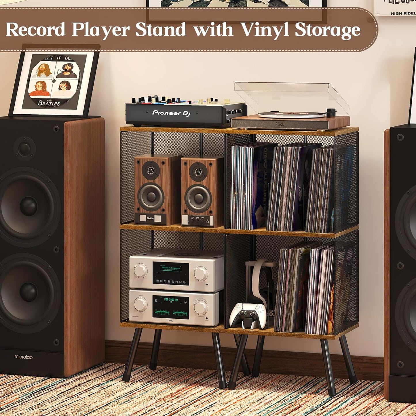 X-cosrack 3-Tier Record Player Stand, Turntable Stand with Storage up to 200 Albums, Corner Vinyl Record Holder with