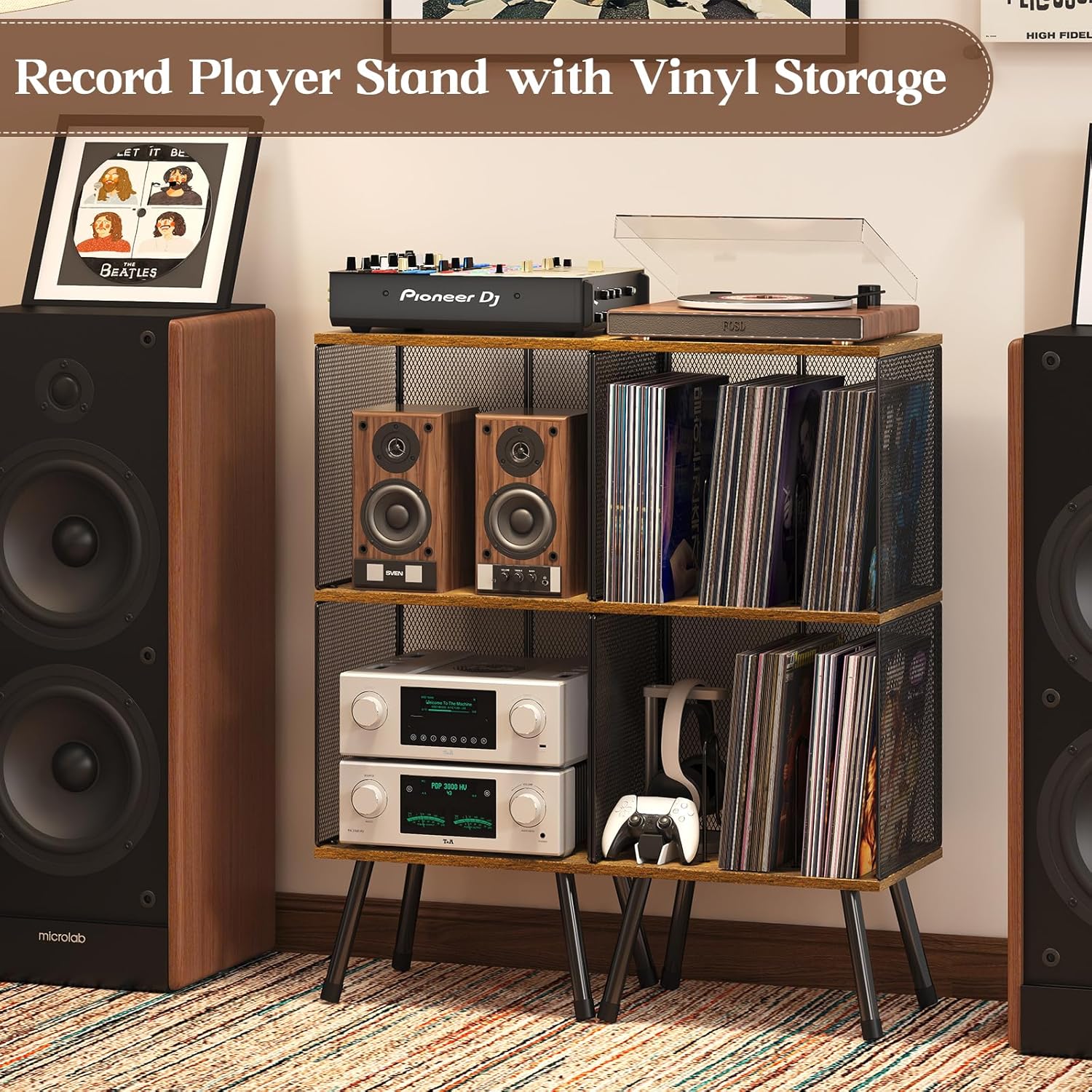 X-cosrack 3-Tier Record Player Stand, Turntable Stand with Storage up to 200 Albums, Corner Vinyl Record Holder with