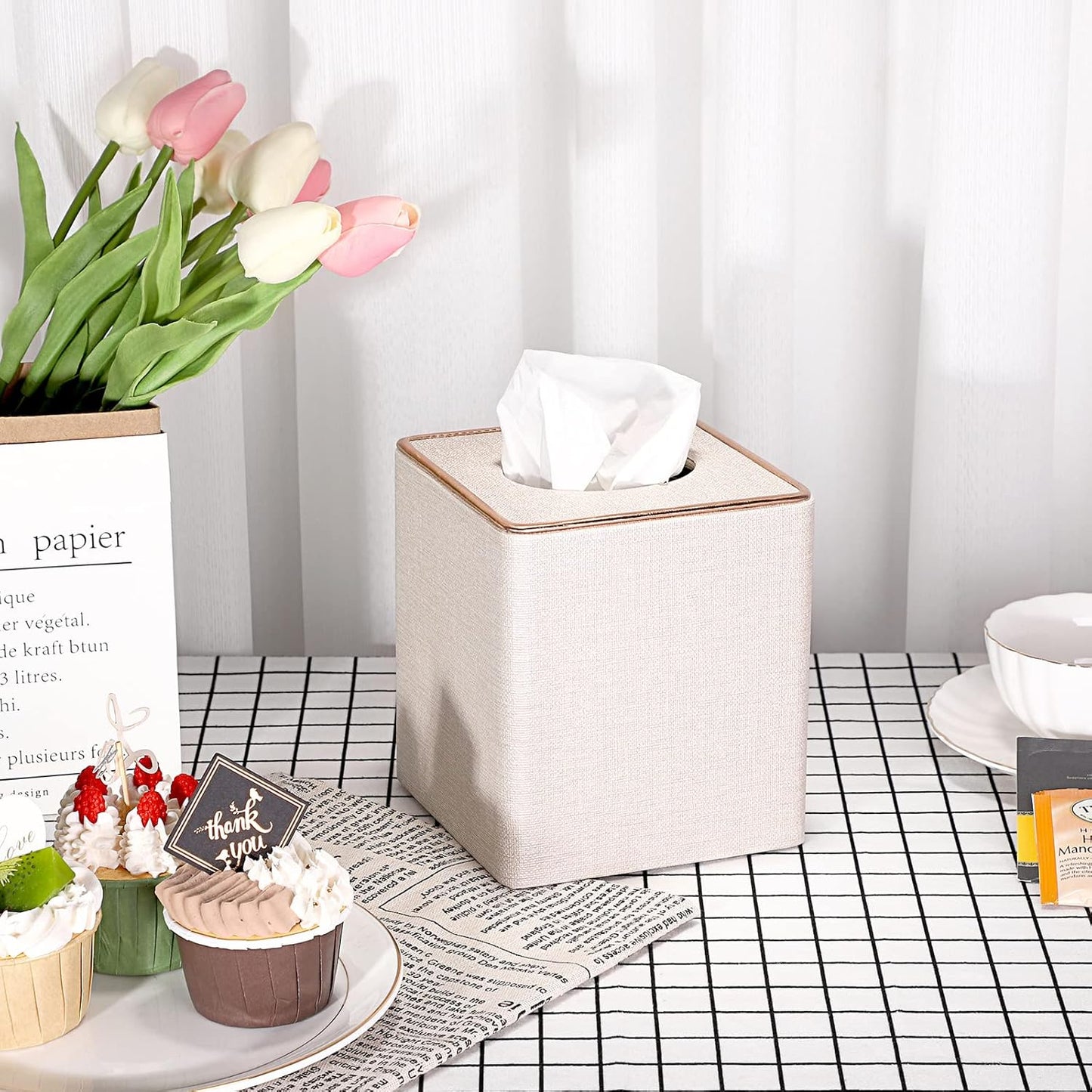 Square Linen Tissue Box Cover / Beige Linen Texture