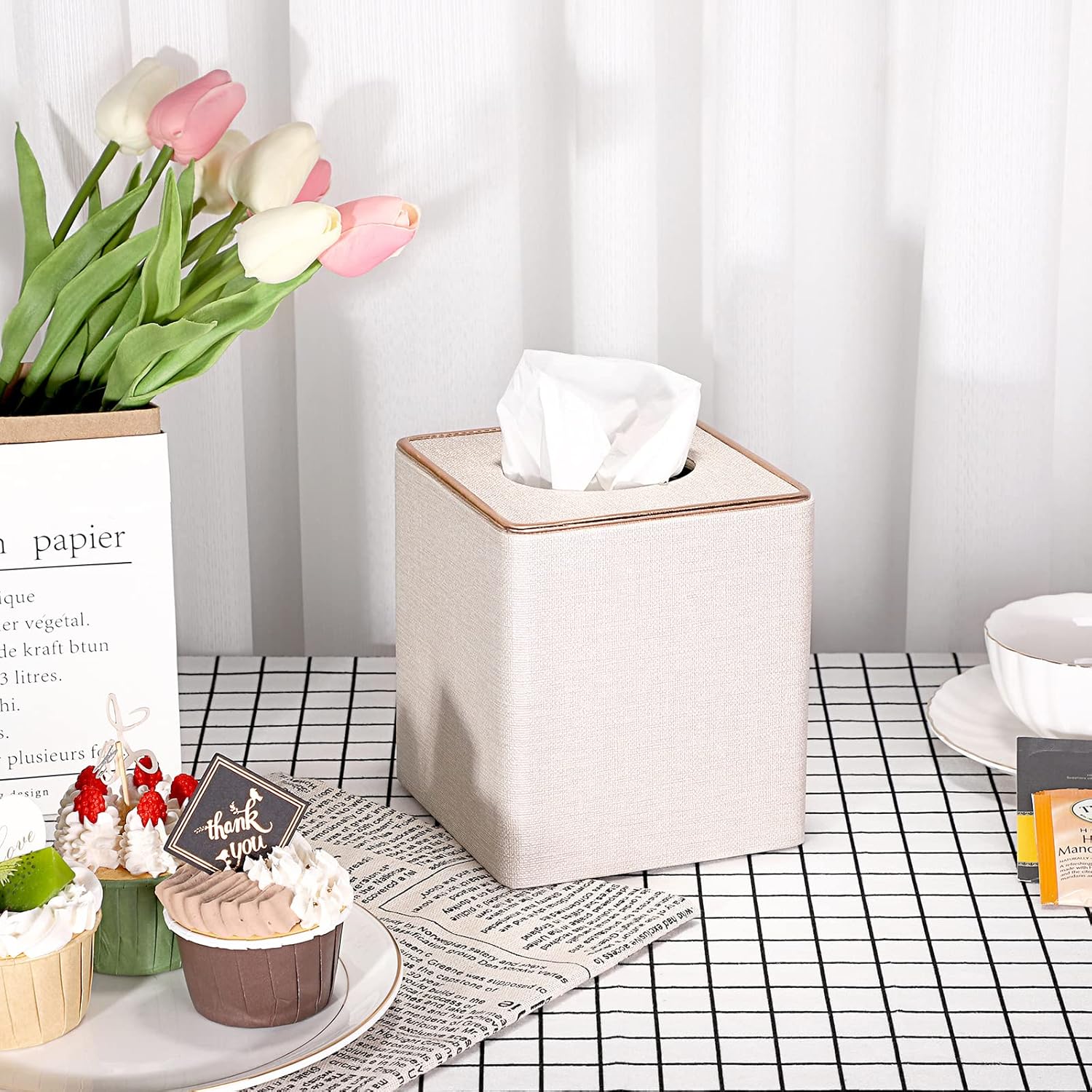 Square Linen Tissue Box Cover / Beige Linen Texture