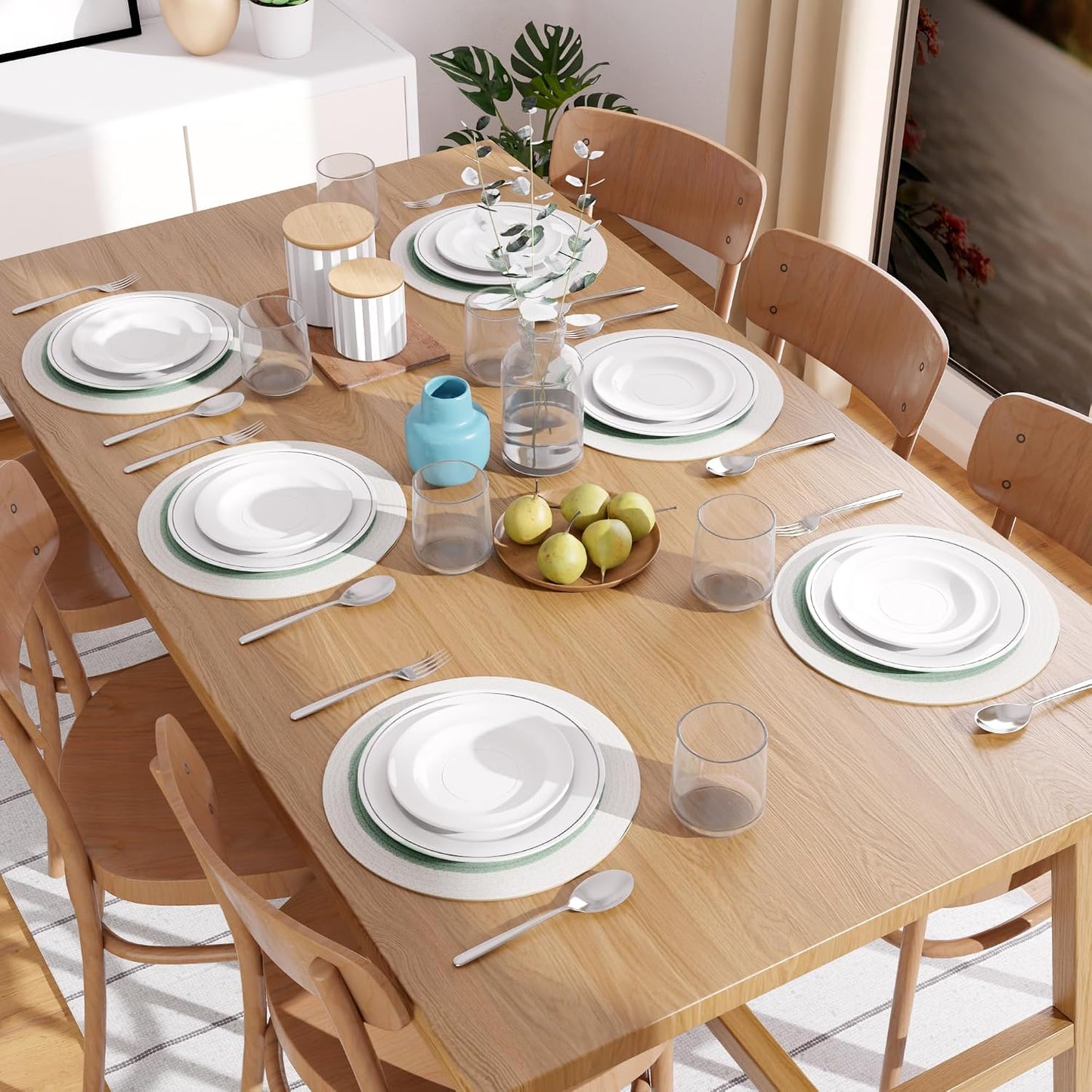Encasa XO Placemats, Round Cotton Dining Table Mats 13" | Sage & Off White, Handcrafted Ribbed Texture | Heat Resistant