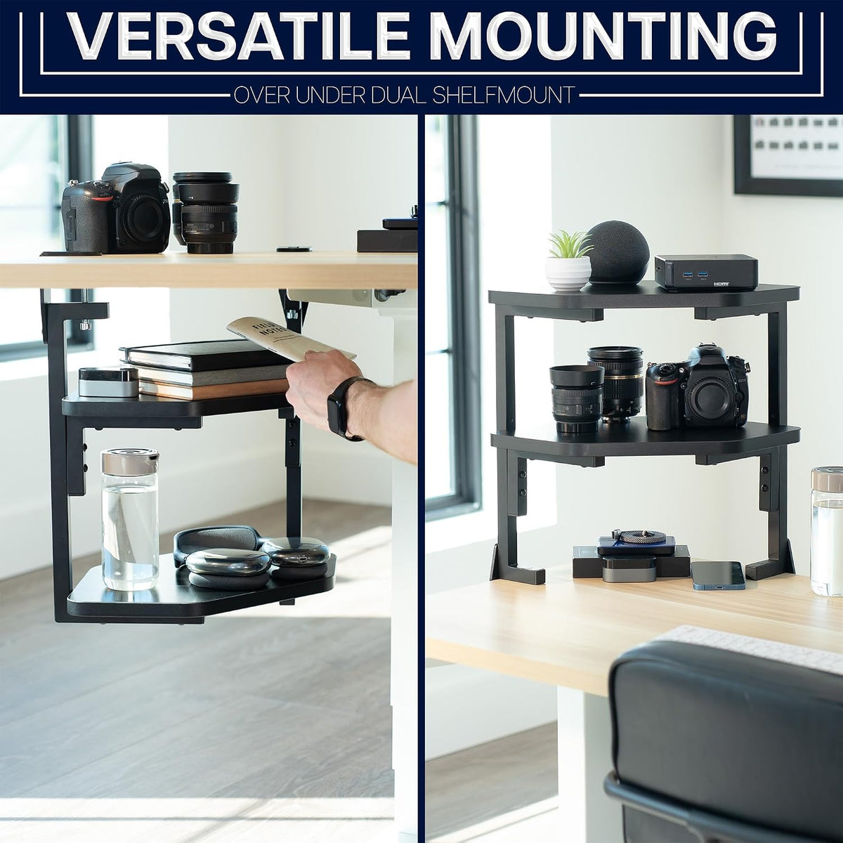 VIVO Corner Clamp-on 17 inch Above or Below Desk 2-Tier Shelving Unit for Table Accessories, Gaming Devices, and More