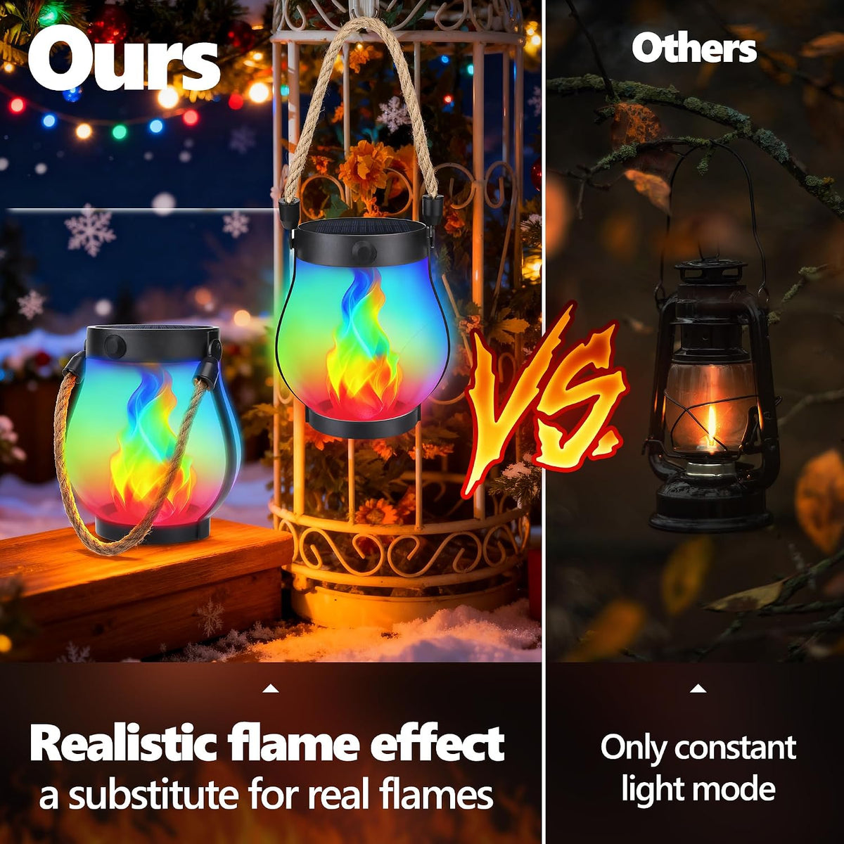 iBaycon 1 Pack Gen2 Solar Lantern Lights with Ultra-Real Flame, Multicolor | Solar Garden Lights with Dual Charging USB