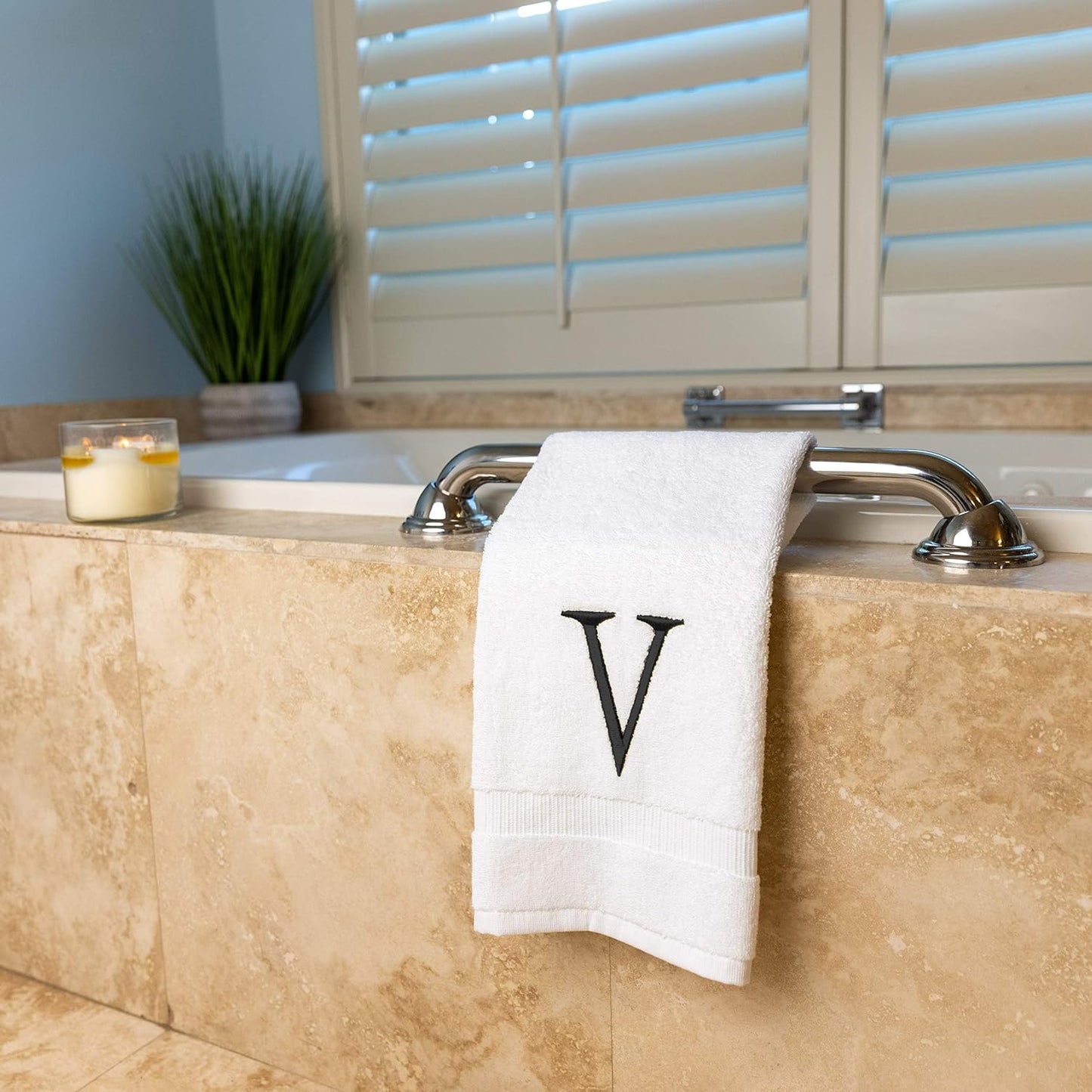 White with Dark Gray Monogrammed Hand Towels for Bathroom Set of 2 Letter V | Luxury Hotel Quality Initial Towels For
