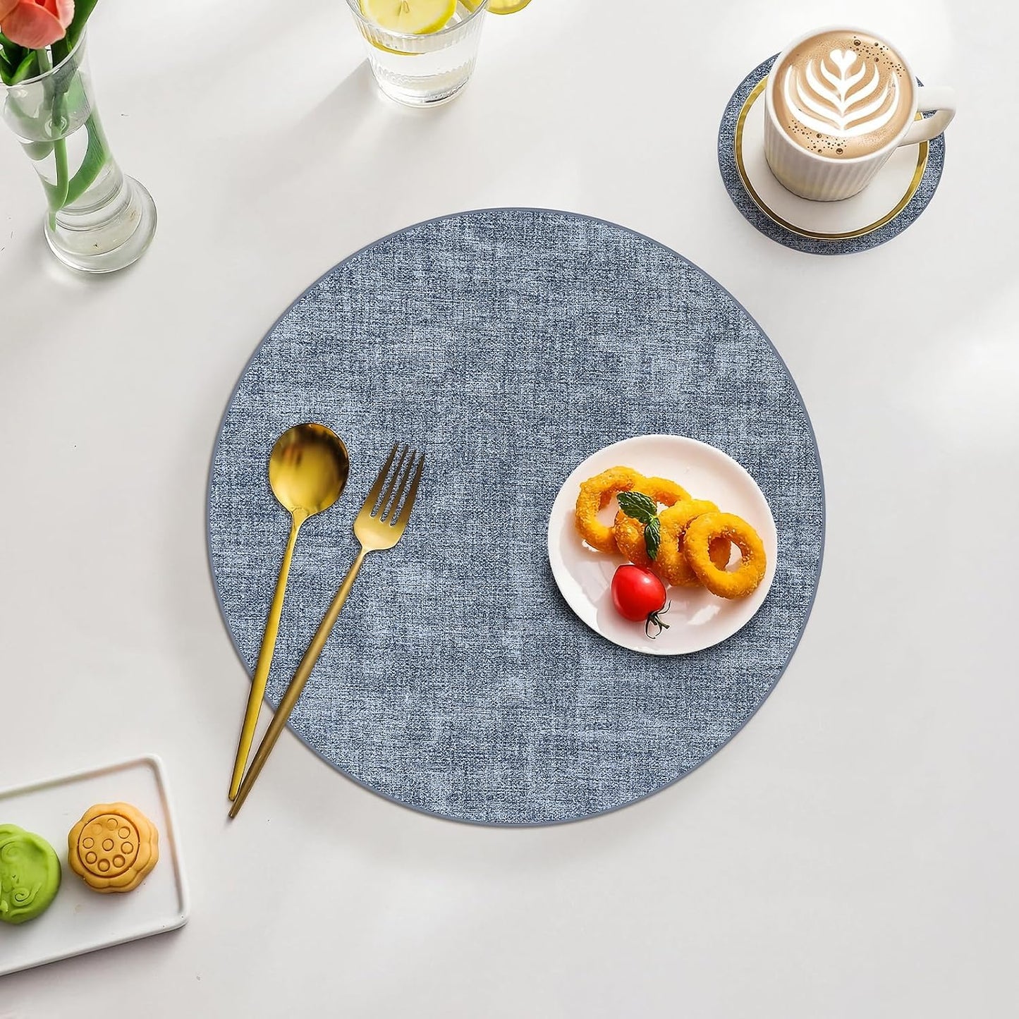 Homaxy Round Faux Leather Placemats and Coasters, Set of 12, Blue | Washable Dual-side Table Mats, Wipeable Place Mats