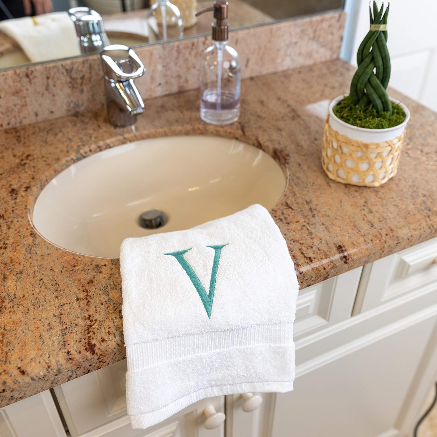 White with Teal Monogrammed Hand Towels for Bathroom - Set of 2 Letter V | Luxury Hotel Quality Initial Towels For
