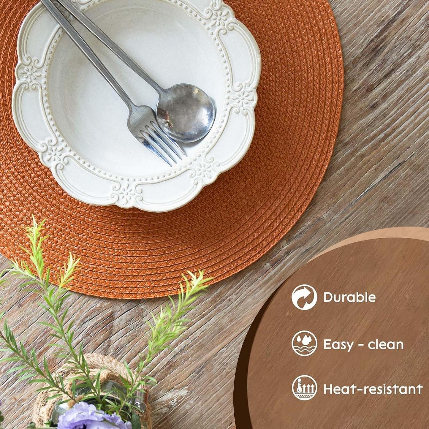 FunWheat Round Braided Placemats Set of 8 Table Mats for Dining Tables Woven Washable Non-Slip Place mats 15
