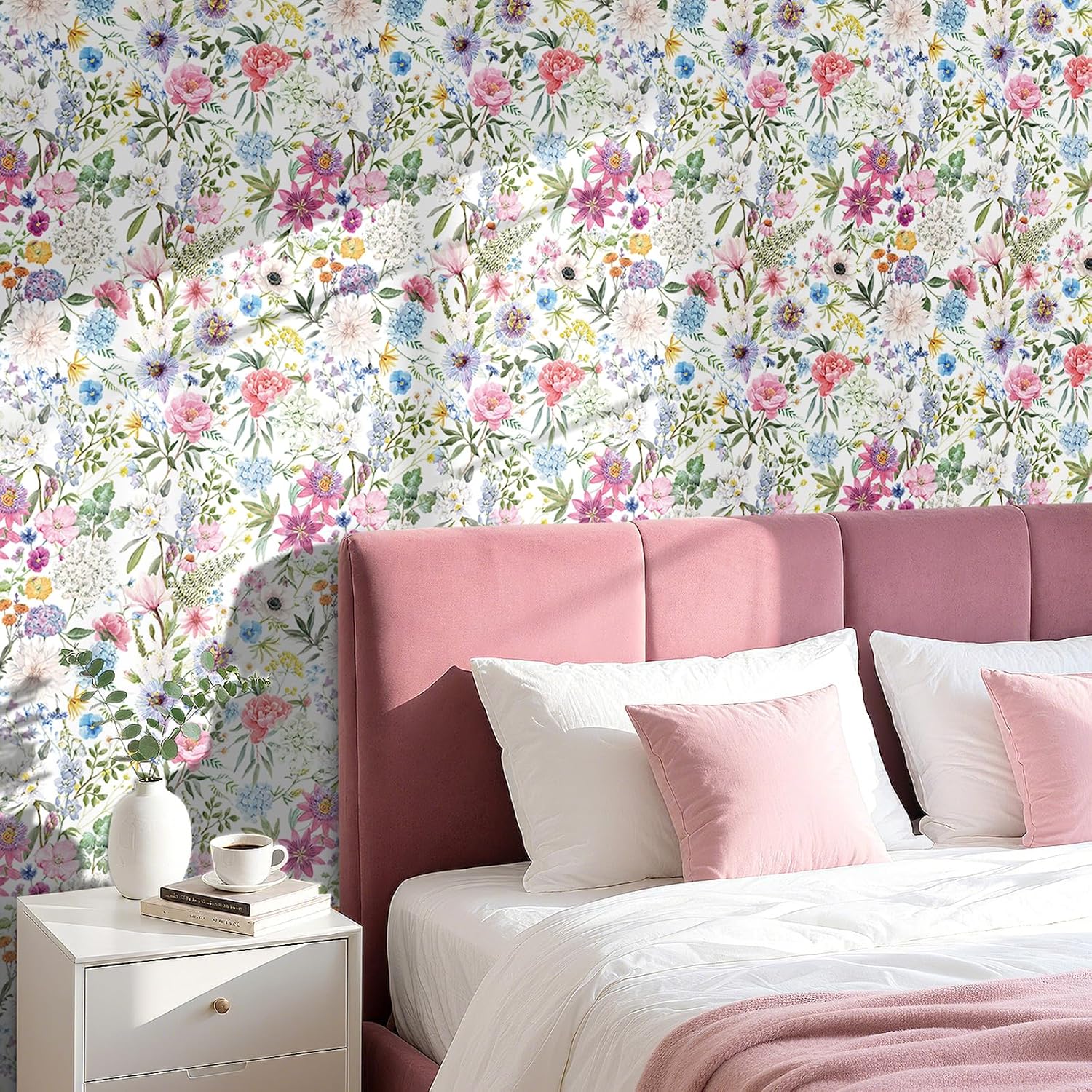 Wallpaper Watercolor Peony Hydrangea Daisy Poppy / 17.5 x 10 / Ft / Multicolor Floral / Pink