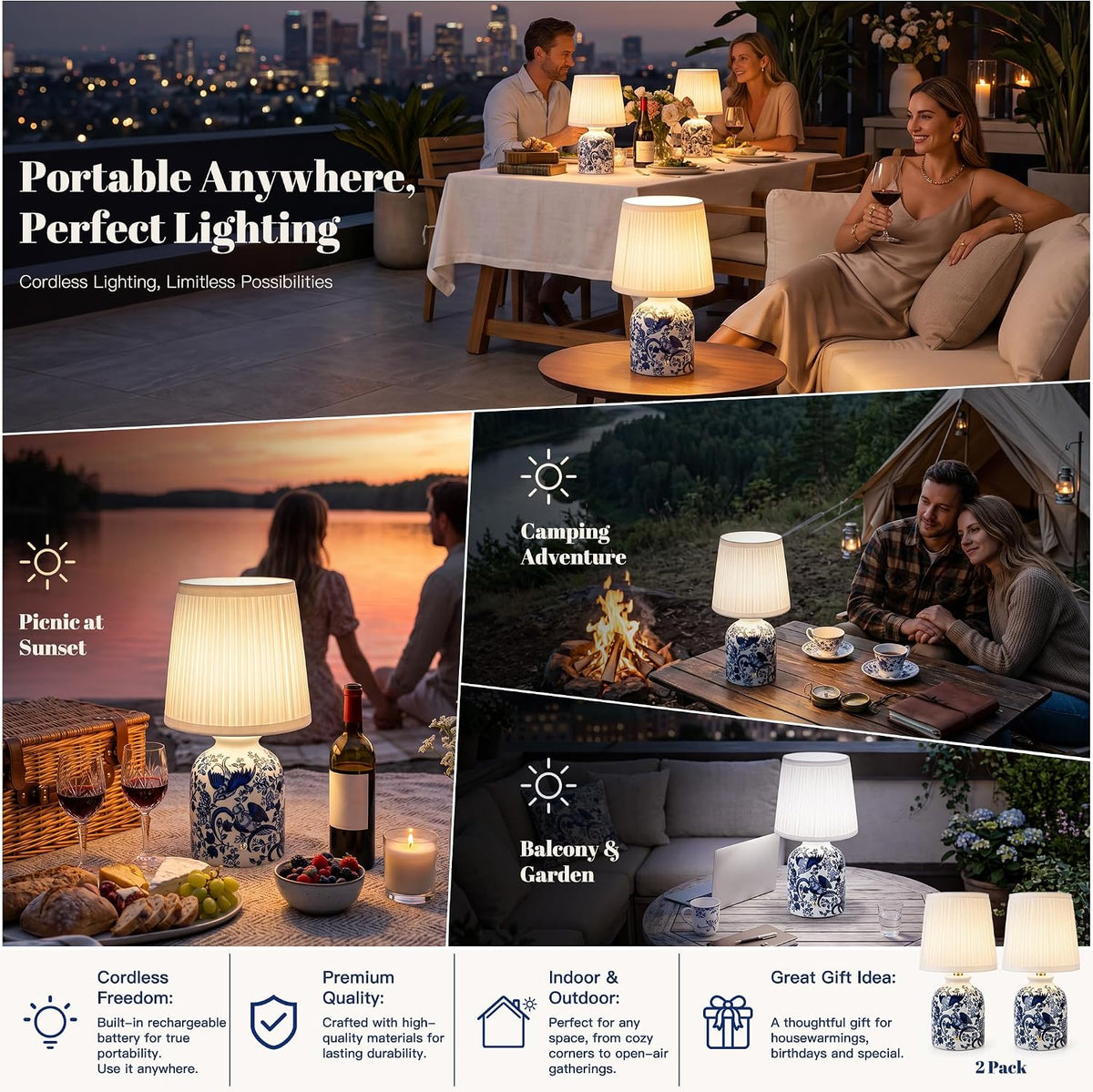 ShineTech Rechargeable Cordless Small Ceramic Table Lamps Set of 2, Blue