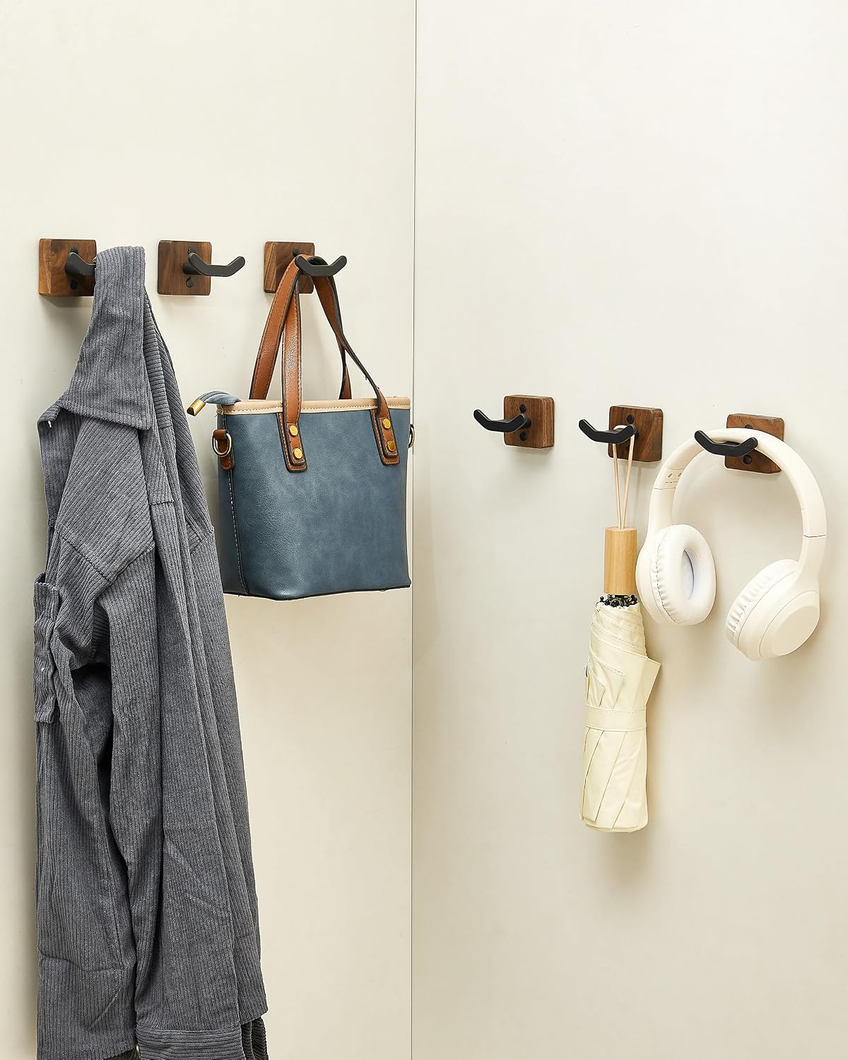 Modern Coat Hooks Wood Black Metal Decorative Backpack Hanger Wall / Black Walnut / Set of 3