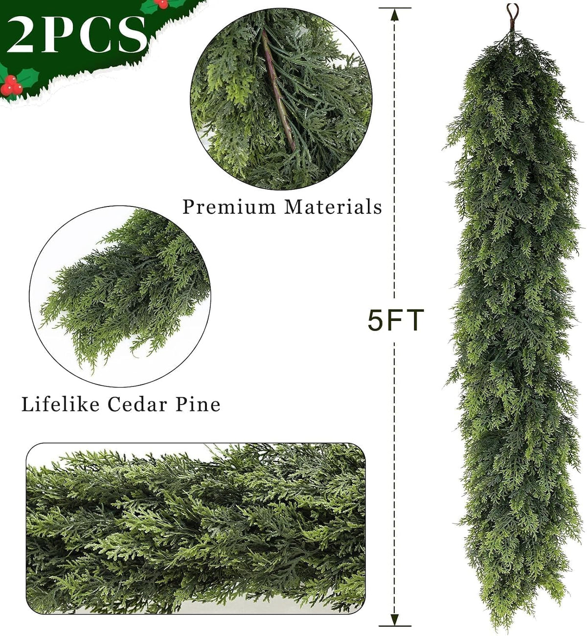 5FT 2Pcs Artificial Christmas Cedar Garlands for Home Fireplace Decoration | Thick and Lush, Realistic Faux Pine