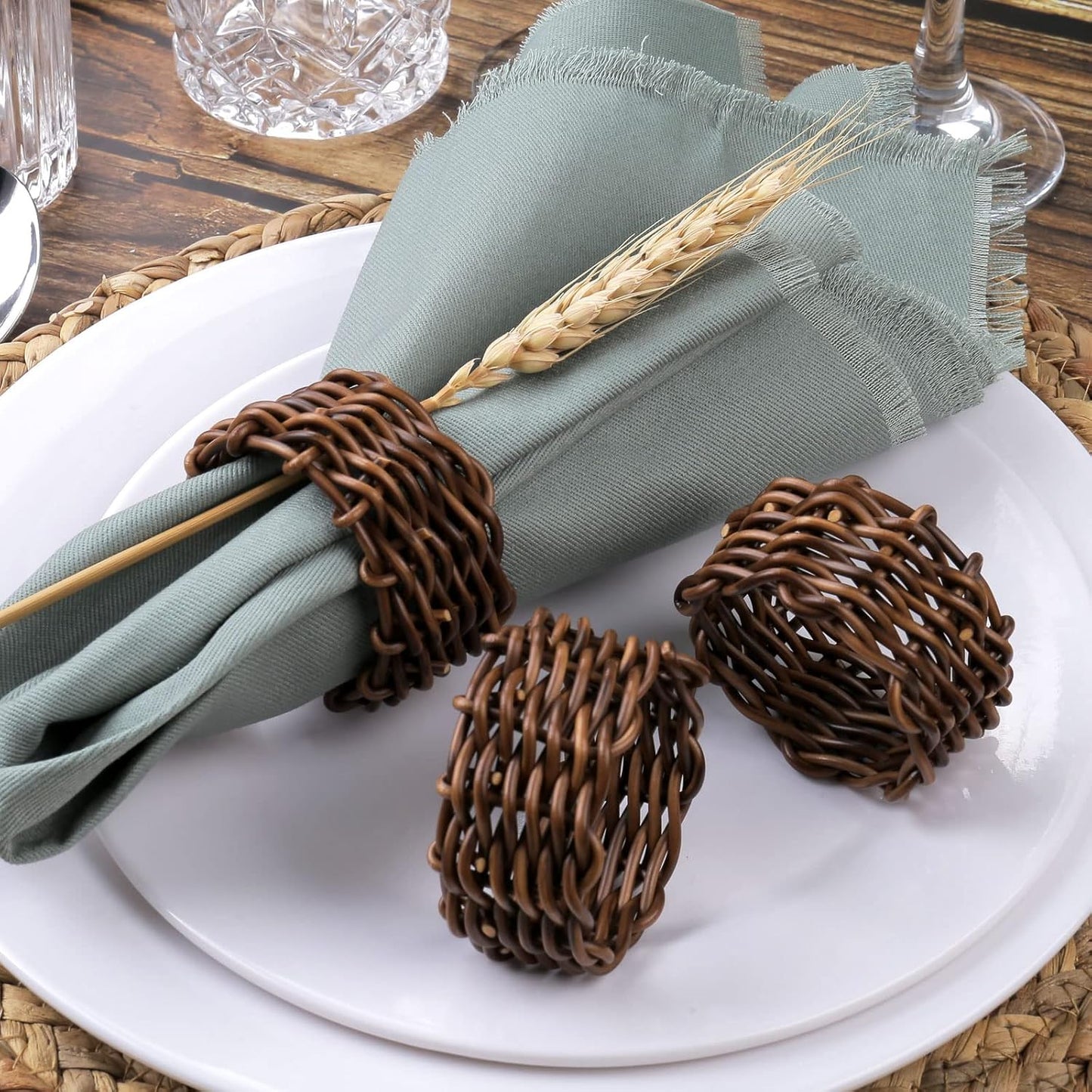 Napkin Buckles Holder Bulk for Farmhouse / Rattan / Natural / Set of 6