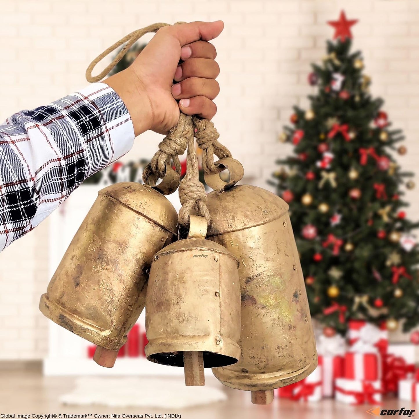 Shabby Chic Set of 3 Country Rustic Style Bells Handmade Metal Harmony Christmas Hanging Cow Bell Set on Jute Rope