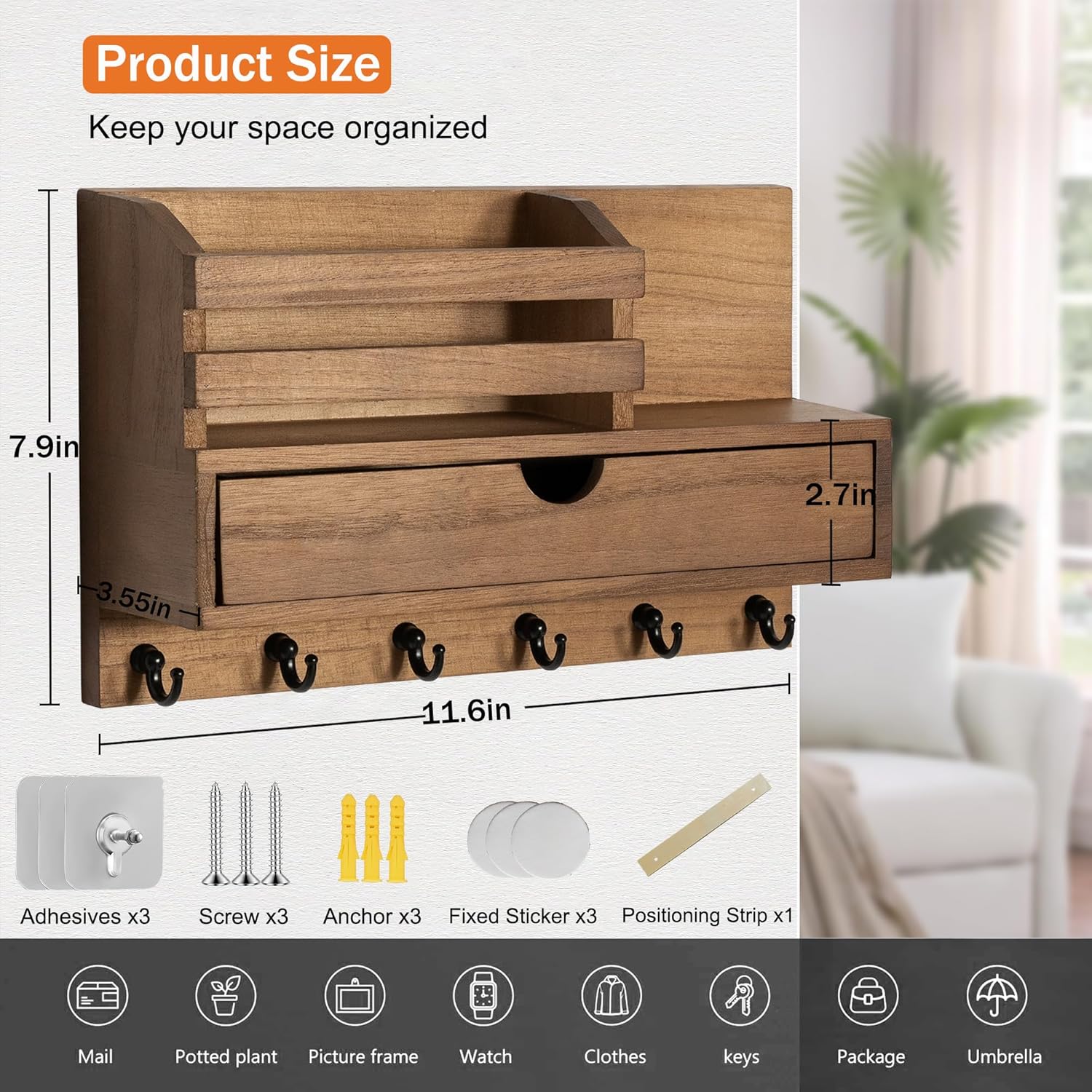 Wooden Key Rack / Key and Mail Holder