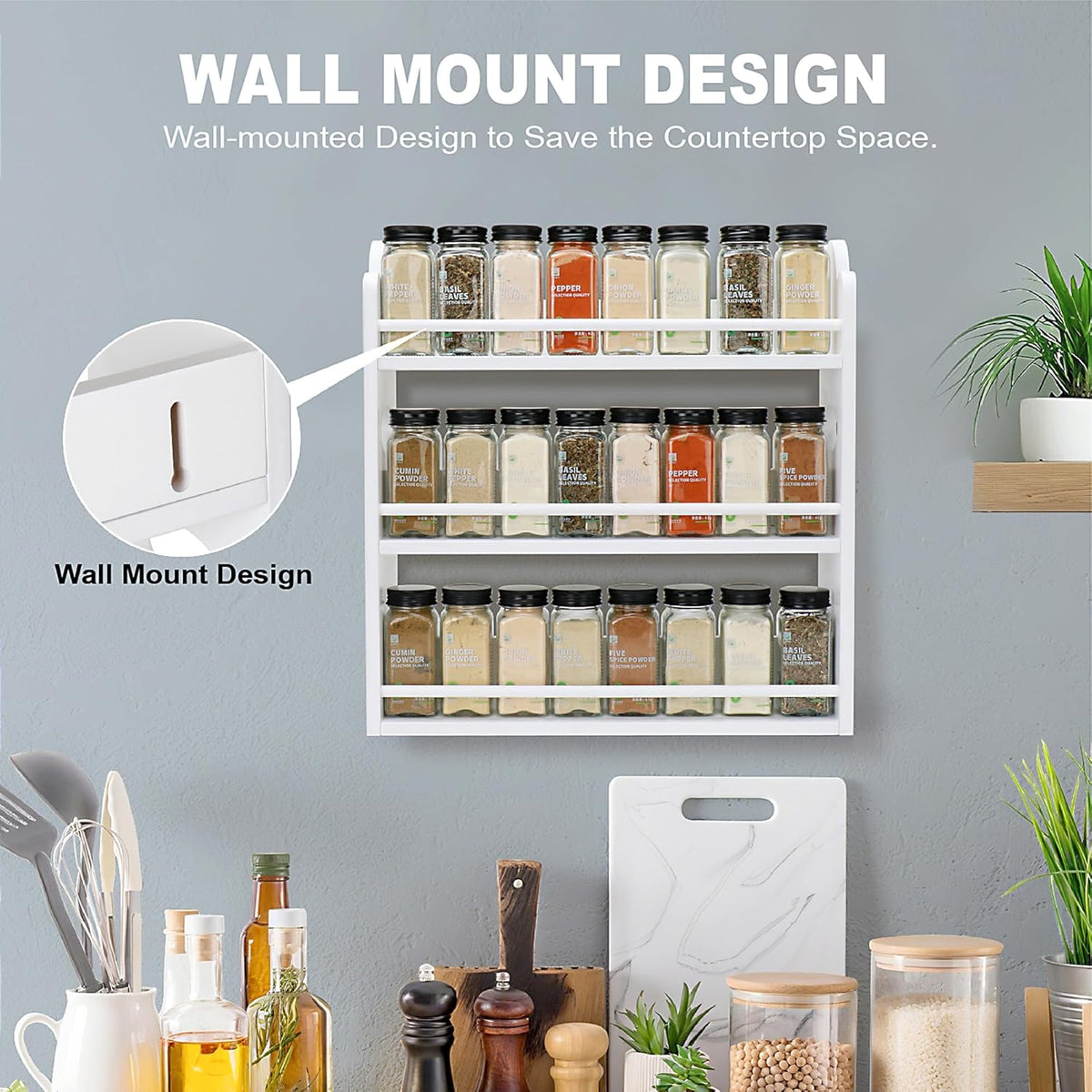 3-Tier Bamboo Spice Rack, Wall Mount & Countertop Spice Organizer | Seasoning Jars Rack Shelf Spice Organizer for