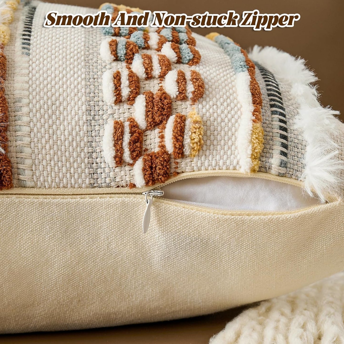 Tassels Woven Decorative Pillow Case / 18 x 18 / Brown White