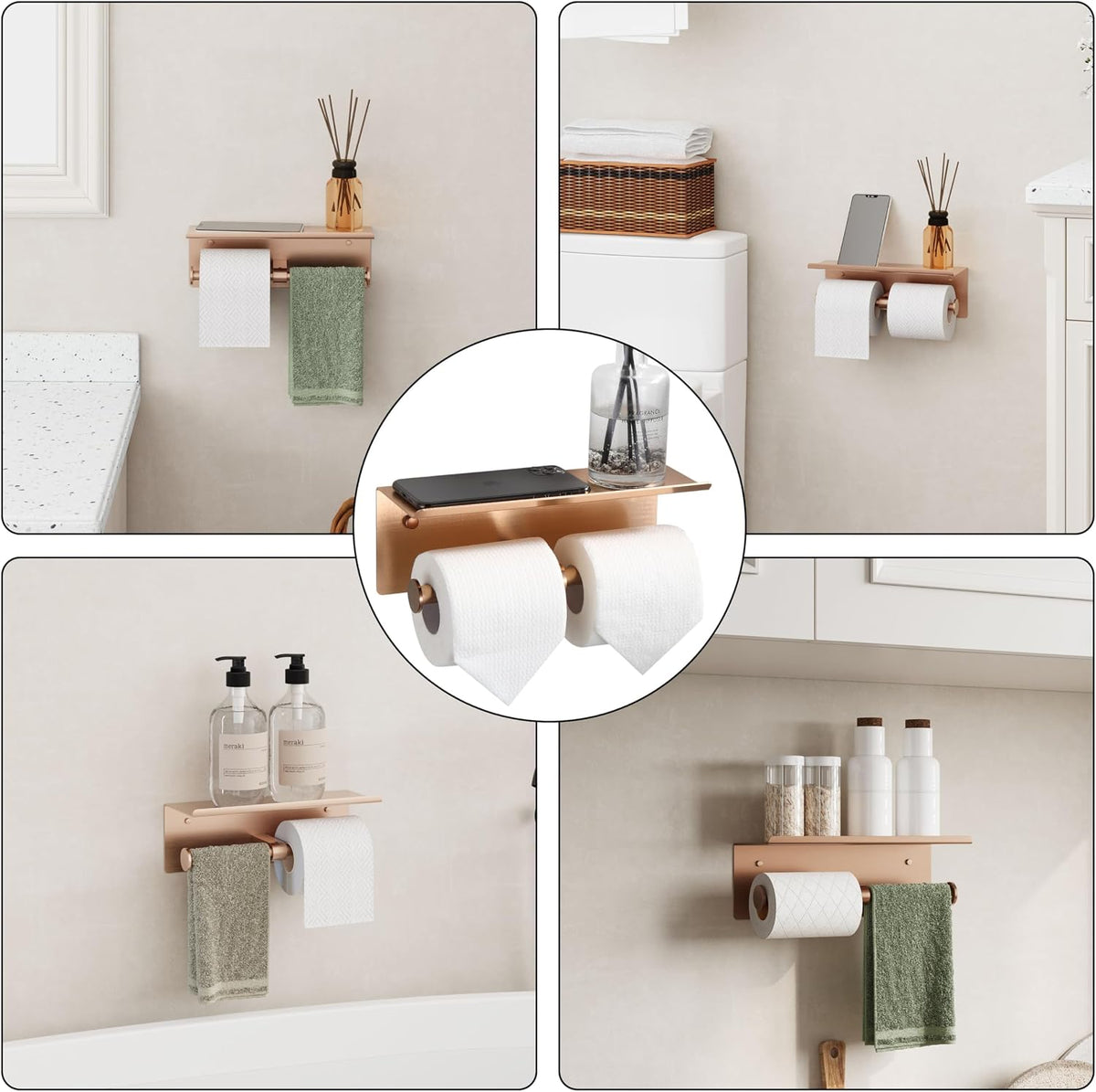 Rose Gold Toilet Paper Roll Holder with Shelf Wall Mounted for Bathroom (Rose Gold, Double Head)