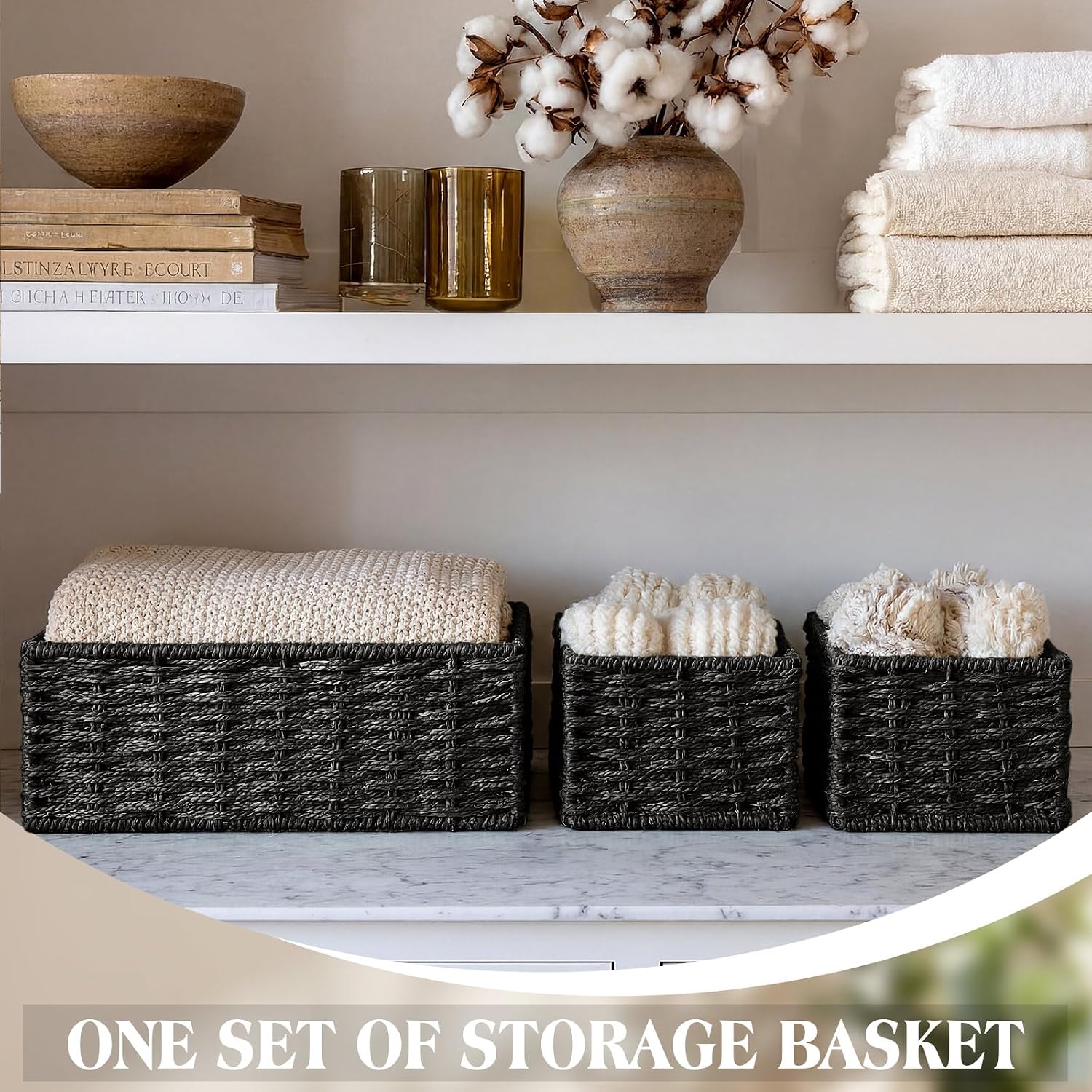 Storage Baskets Set Rustic Paper Rope Woven Decorative Basket / Classic / Black / Set of 4