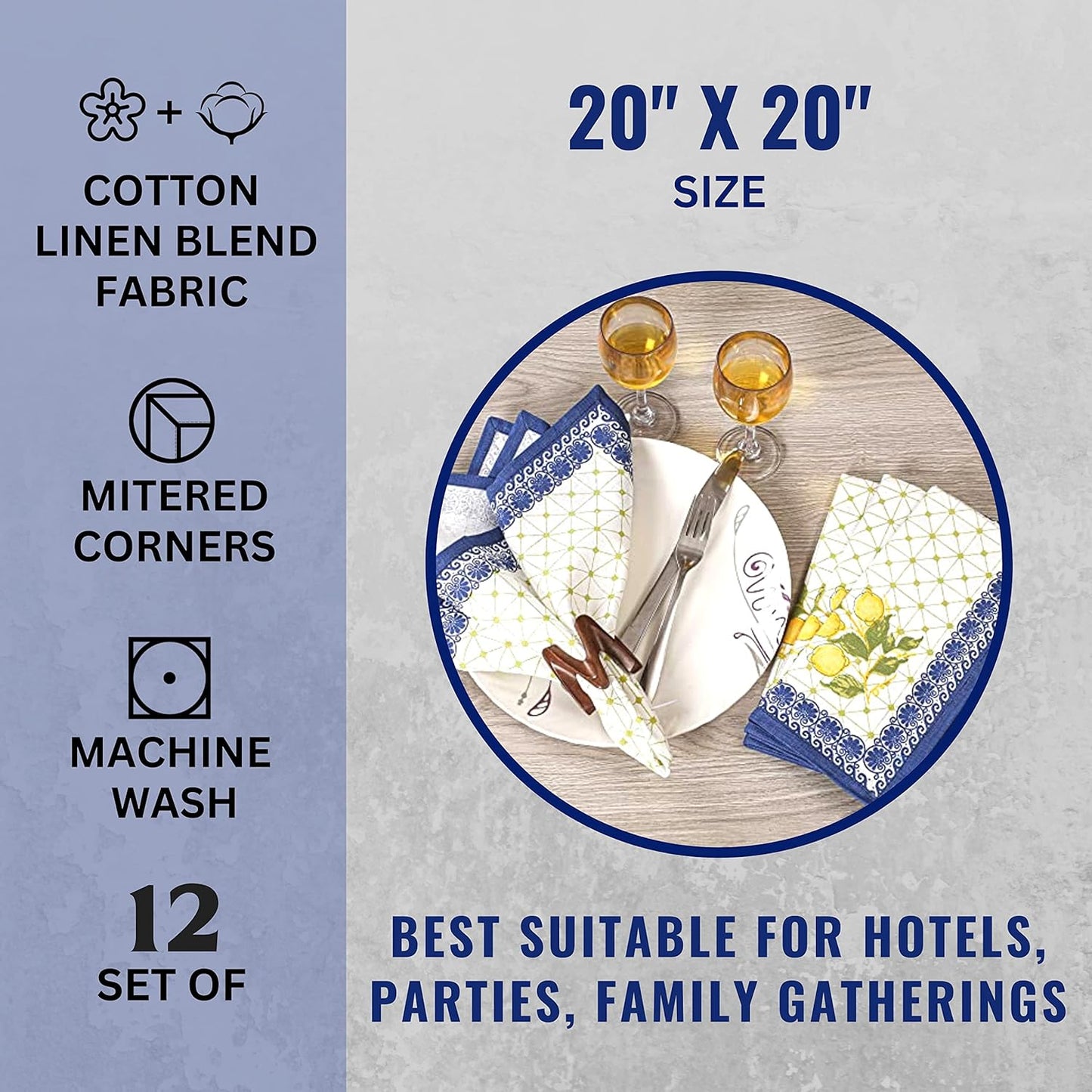 FINGERCRAFT Cloth Napkins Set of 12 Cotton Linen, 20x20 Inch, Lemon Leaf | Mitered corner, washable, soft, absorbent