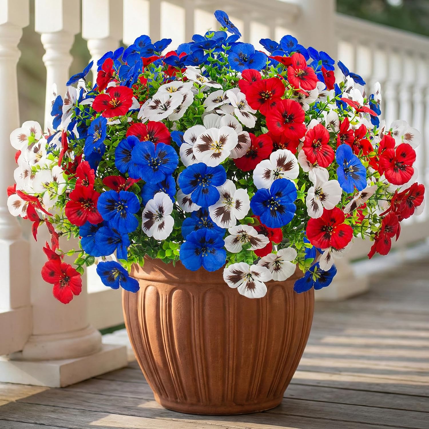 Artificial Fake Pansy Flowers / Red, White, Blue / Set of 18