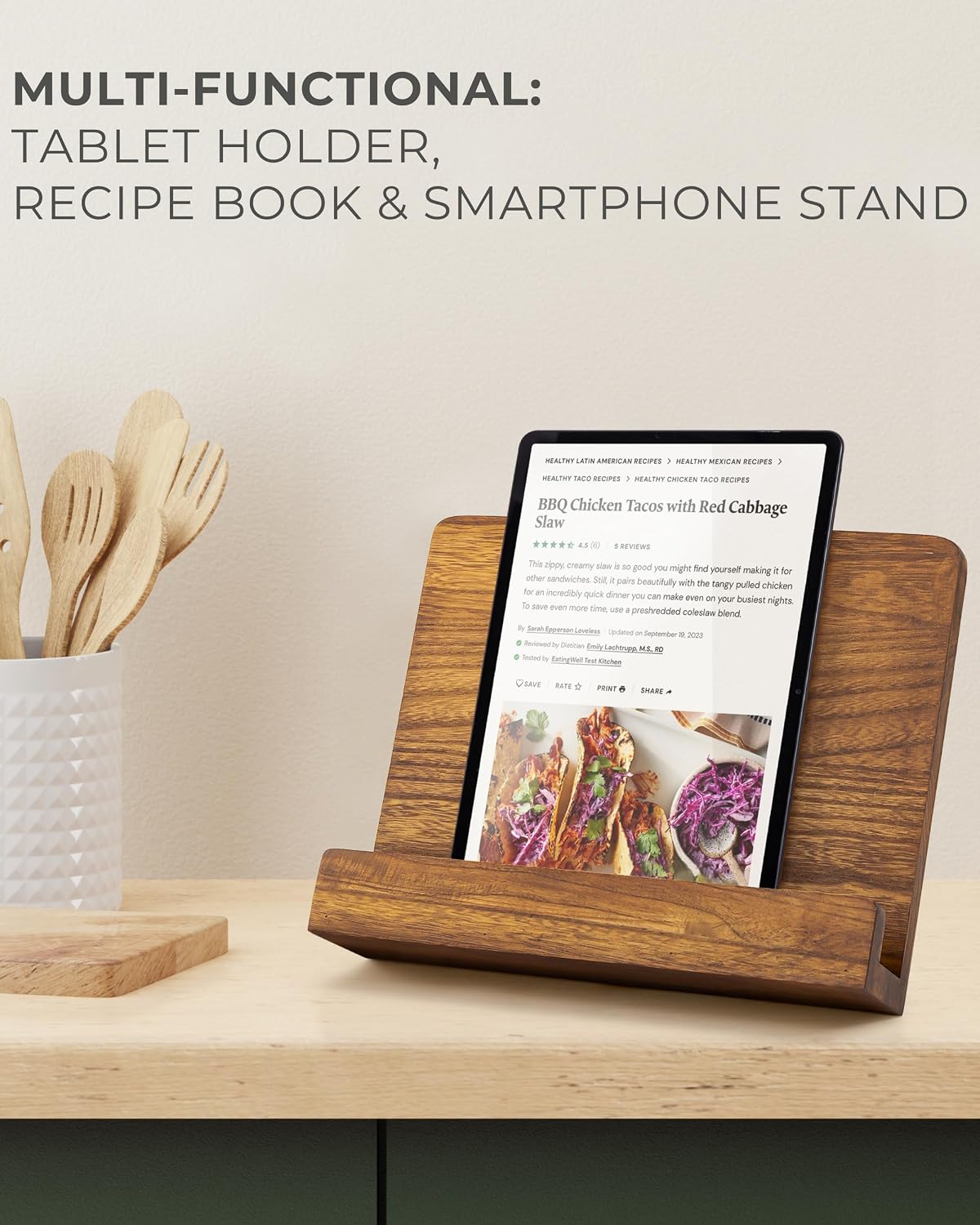 Beautiful Cookbook Stand for Your Kitchen Counter - Solid Wood, Fits iPad | Easily Keeps Cook or Recipe Books Open for