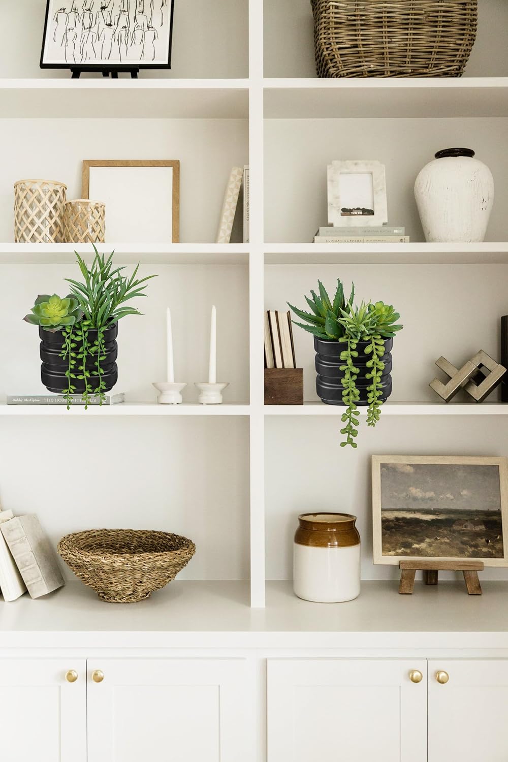 Fake Succulents in Ceramic Pots Dual Use Artificial Succulents Arrangement in Vase / Set 2# / Black