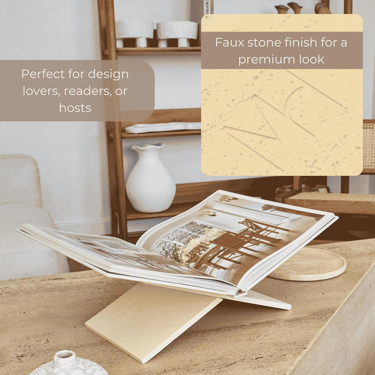 Book Stand Resin Stone Finish Book Holder for Recipe Book Display Stand, Coffee Table Books, 2 Pieces Slot Together