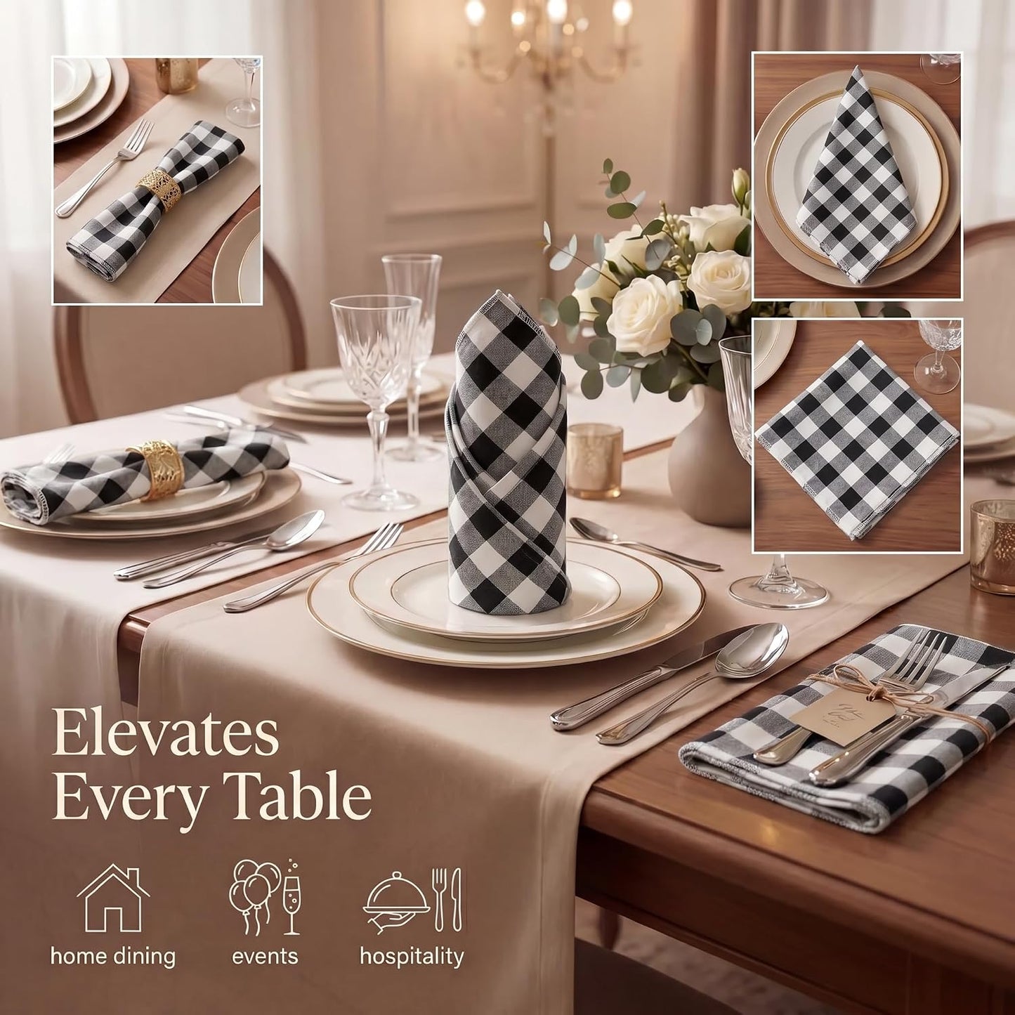 Urban Villa Cloth Napkins Cotton 20x20 (Set of 12) Black Cheks