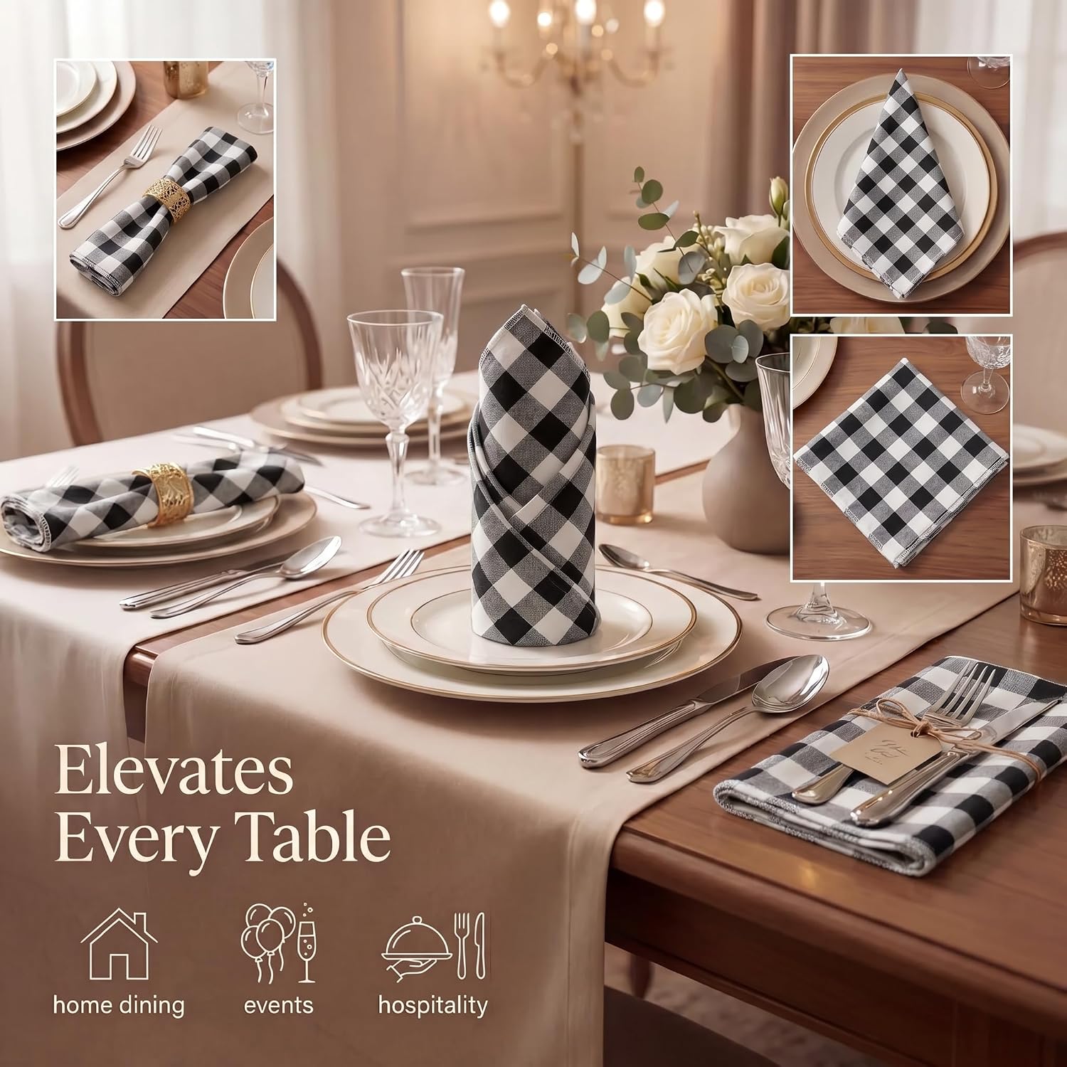 Urban Villa Cloth Napkins Cotton 20x20 (Set of 12) Black Cheks