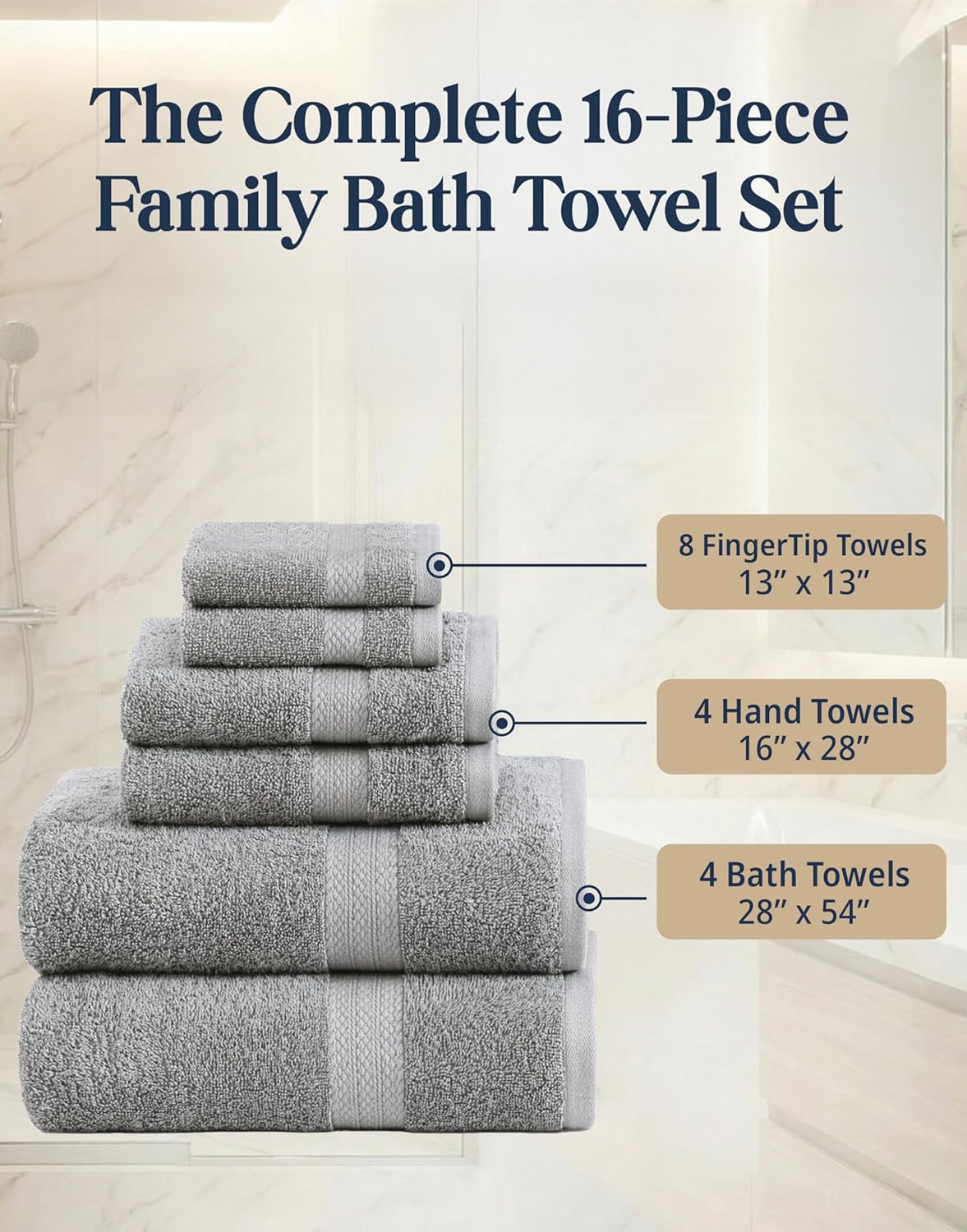 LANE LINEN Towel Set Soft Absorbent Quick Dry 100% Cotton 16 Piece - Grey | Cotton Bath Towels - Lightweight &