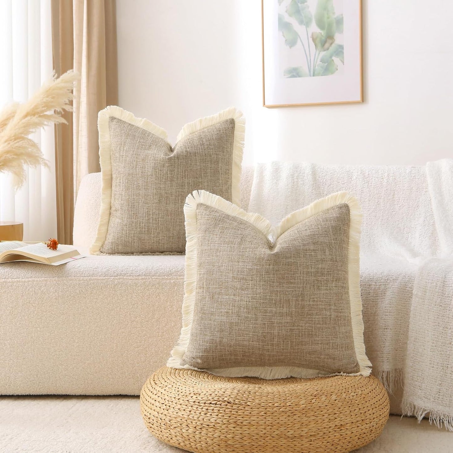 Khaki Boho Burlap Fringe Decorative Throw Pillow Covers Rectangle / Taupe / 20 x 12 / Set of 2