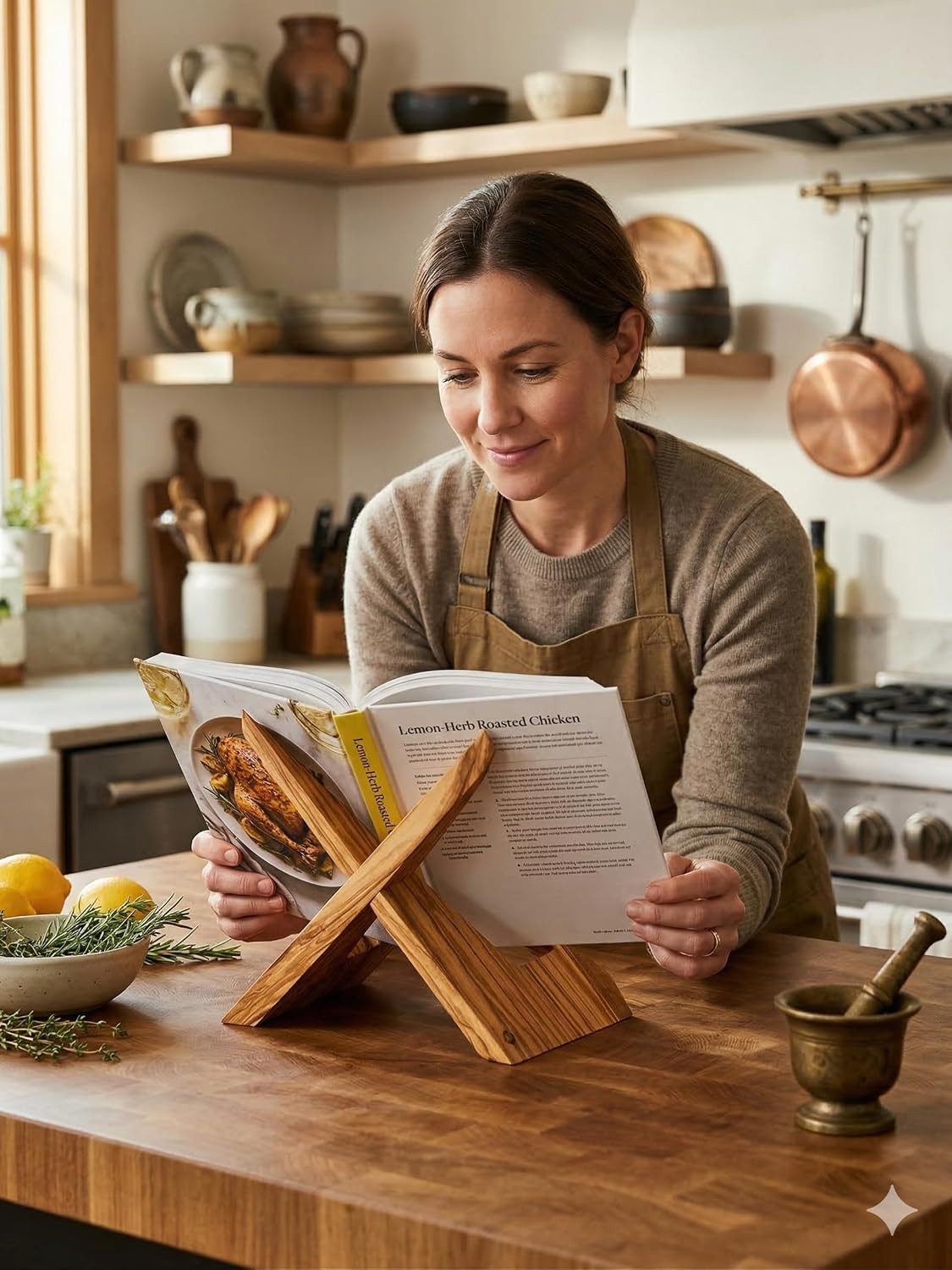 TILISMA Wooden Cook Book Stand - Handmade Olive Cookbook Holder for Reading Hands Free – Plate Stand for Kitchen