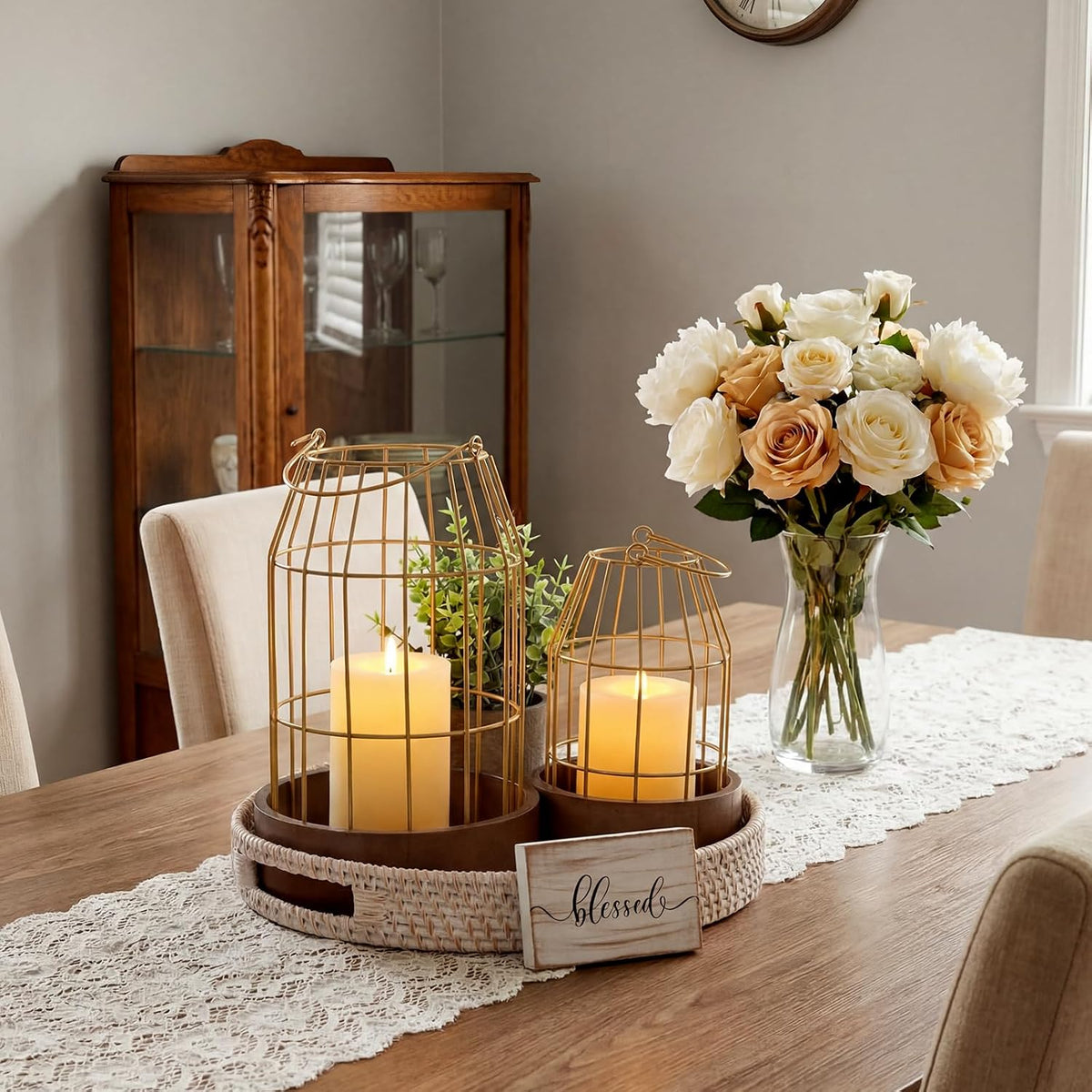 Modern Rustic Farmhouse Candle Lantern Set of 5, Large, Gold, Burlywood | Decorative Lanterns Centerpieces with Tray