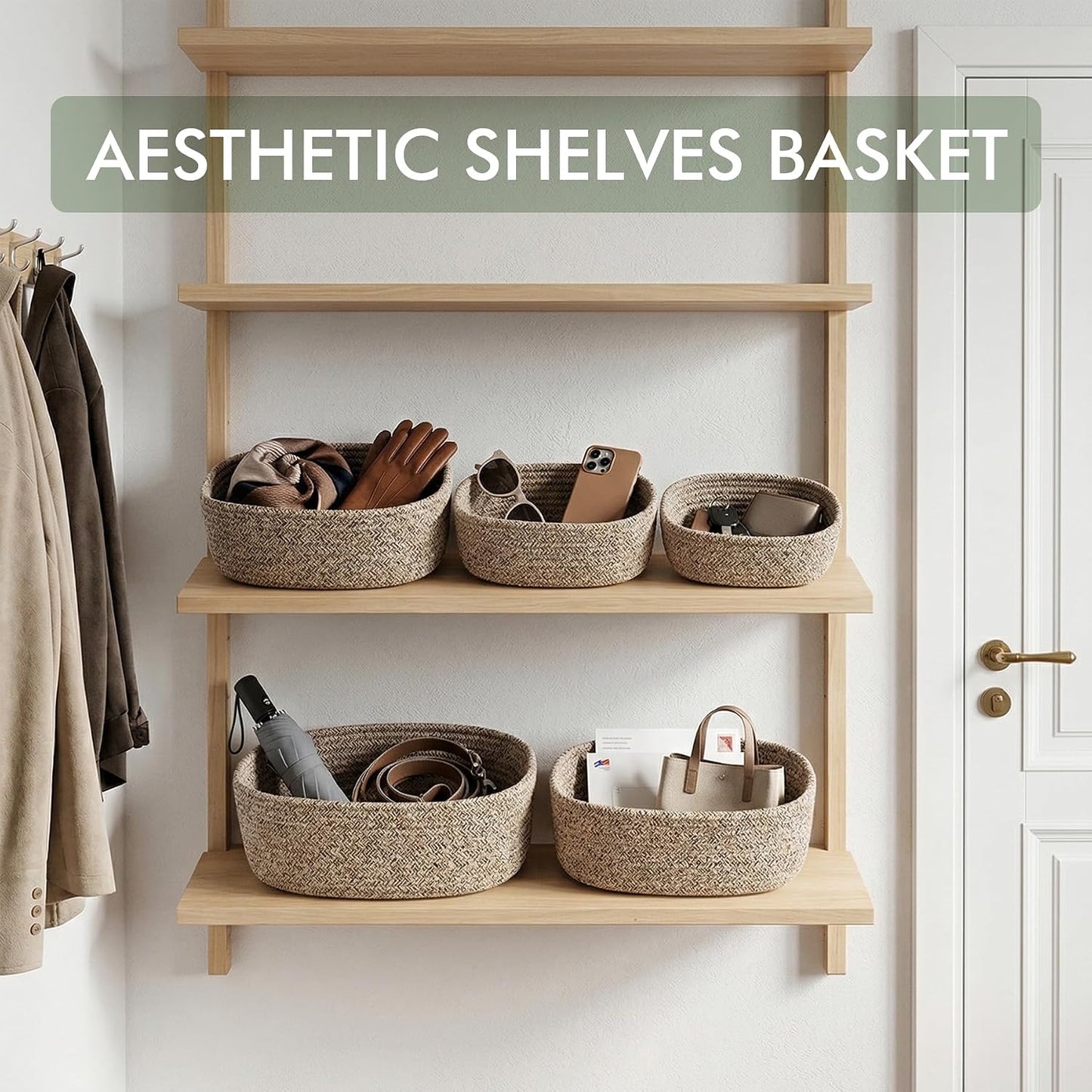Small to Large Graduated Size Set Soft Rope Shelving Organizers Boho Home / Flax Brown / Set of 5