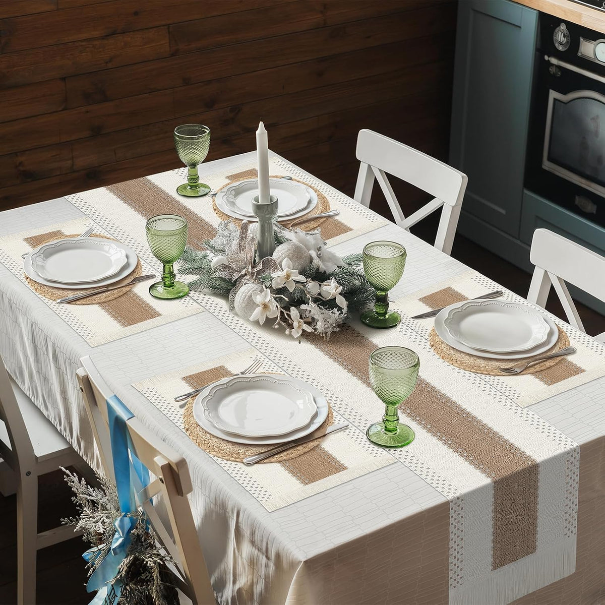 ADRIMER 12 Pcs Placemats, 6 Pcs Natural Cotton Burlap Place Mats and 6 Pcs Rattan Wicker Braided Table Mats, Farmhouse