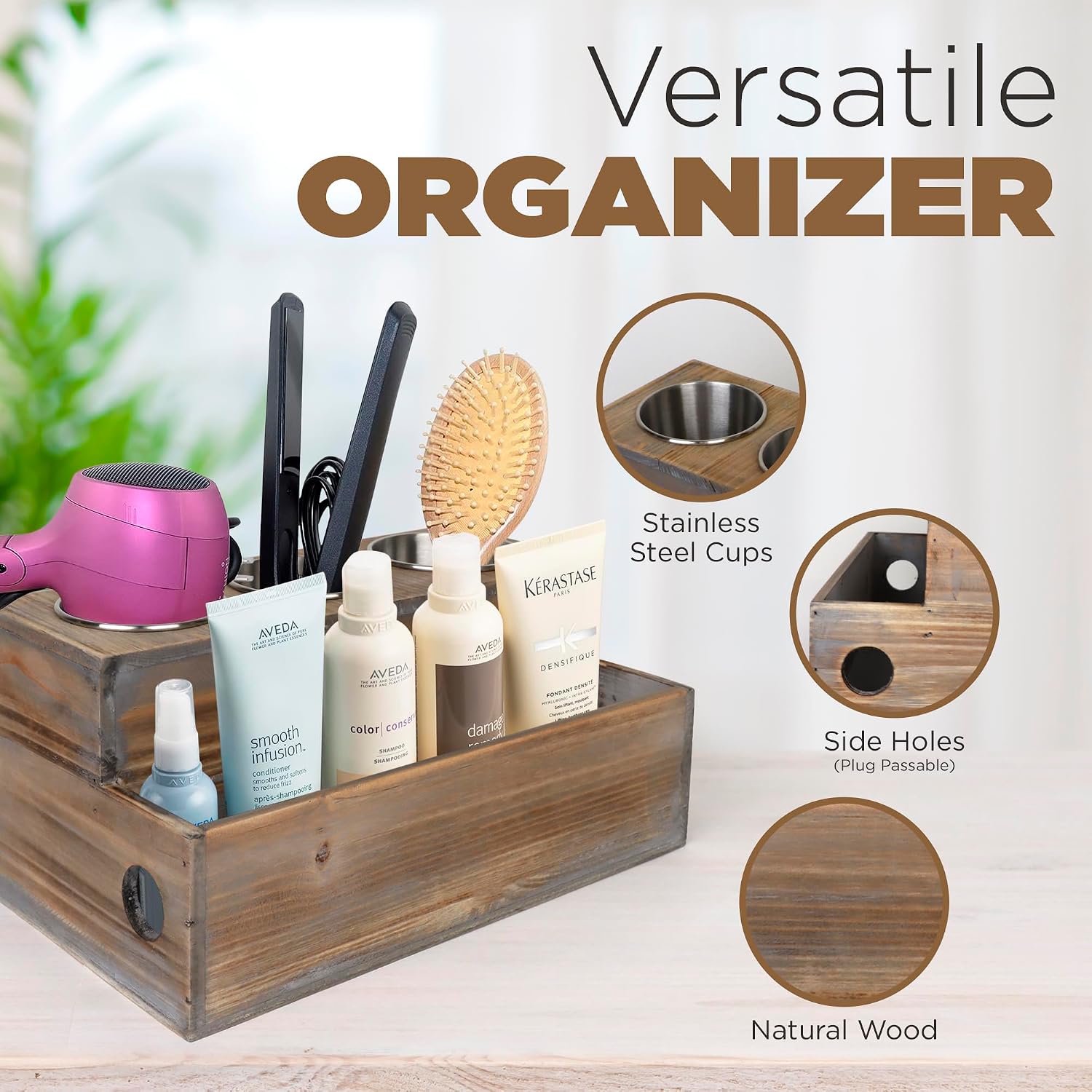 Besti Wooden Hair Dryer Holder – Hair Tools and Styling Supplies Organizer and Storage for Vanity and Bathroom