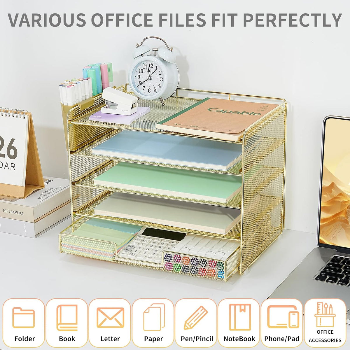 LEKETREE Desk Organizers and Accessories, 5-Tier Paper Letter Tray Organizer with Drawer & 2 Pen Holders, Desktop