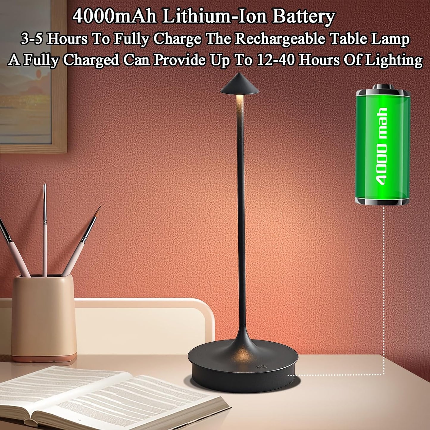 Cordless Table Lamps Rechargeable, Black 2PC | LED Desk Lamp 4000mAh Battery Operated Outdoor Waterproof Portable Touch